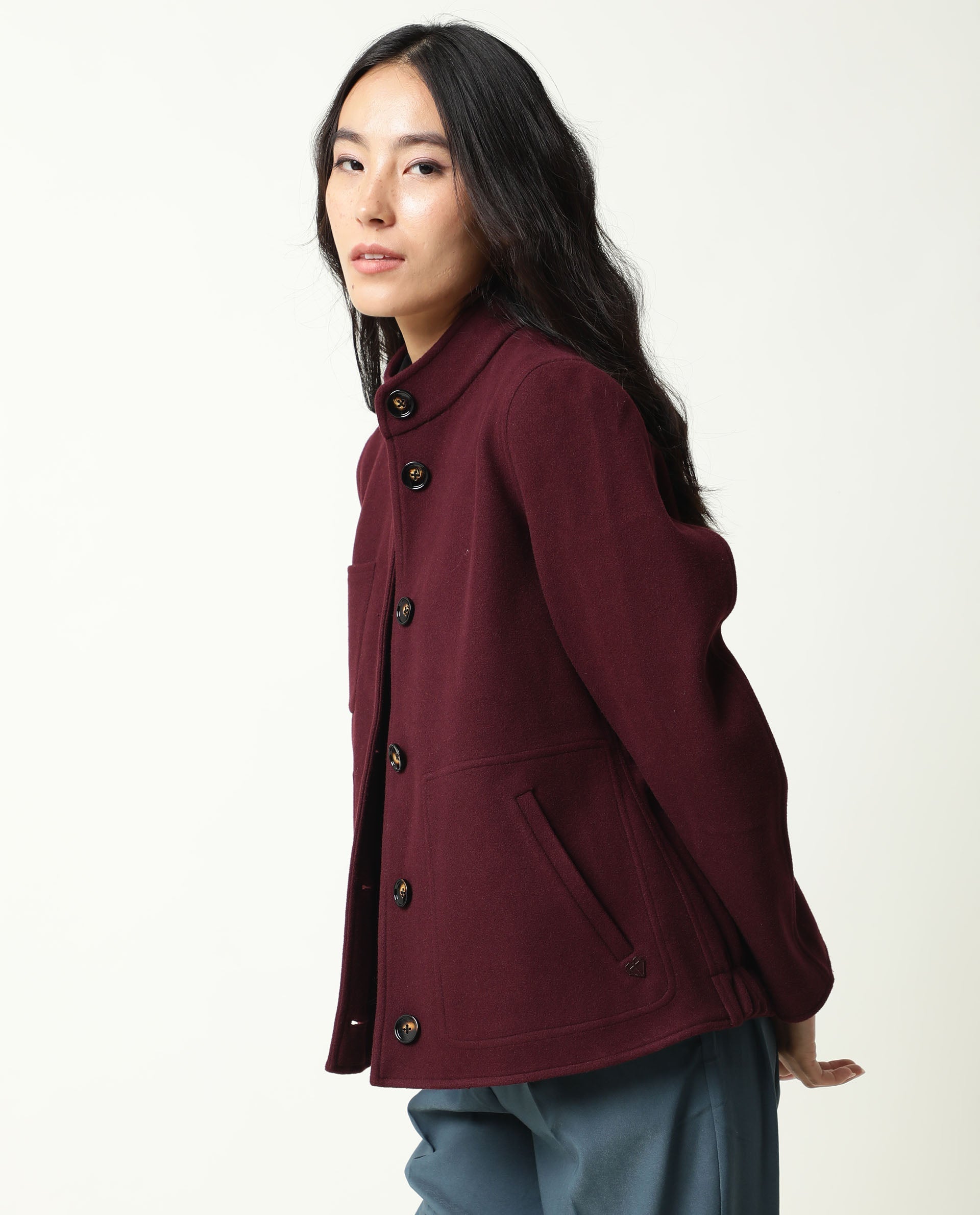 Rareism Women Comico Maroon Polyester Fabric Full Sleeves Solid Mandarin Collar Jacket