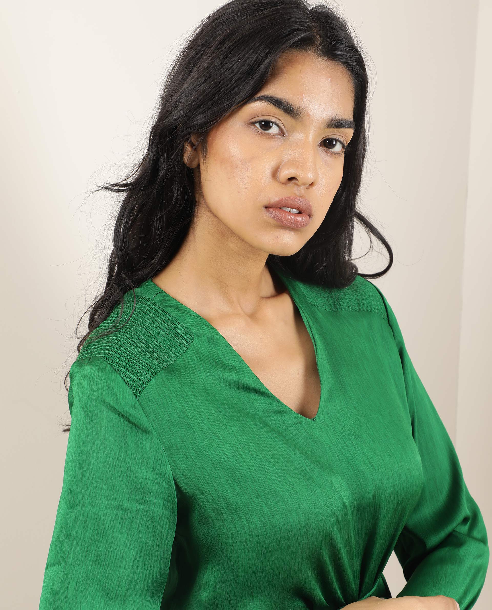 Rareism Womens Dronite Green Top Polyester Fabric  Full Sleeve V Neck