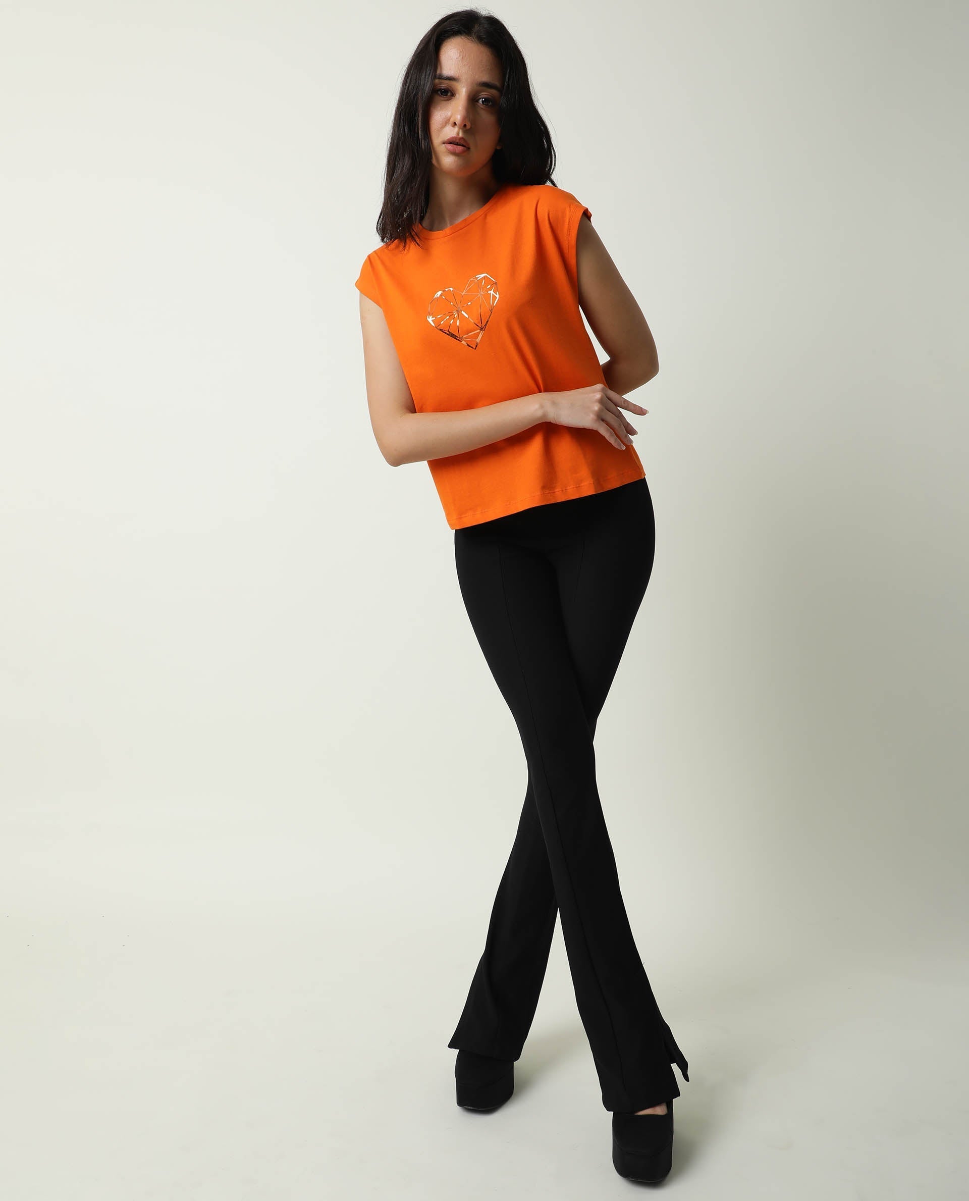 Rareism Women Race Orange Cotton Fabric Regular Fit Half Sleeves Graphic Print Round Neck T-Shirt