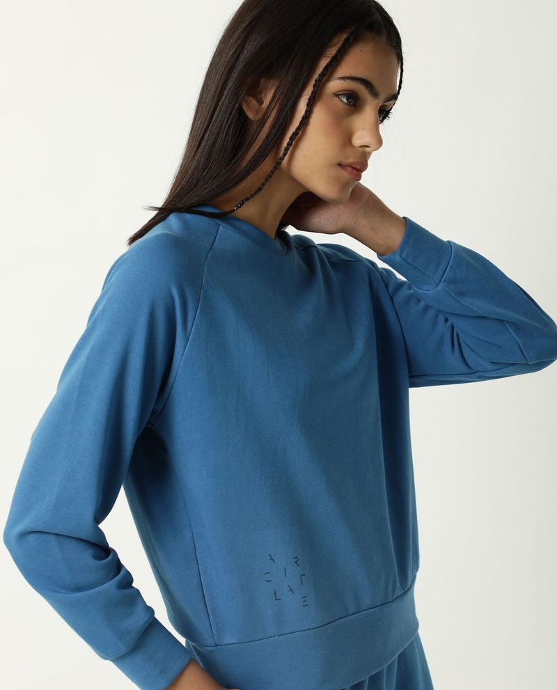 Rareism Women Cax Petrol Cotton Blend Fabric Relaxed Fit Full Sleeves Solid Round Neck Sweatshirt