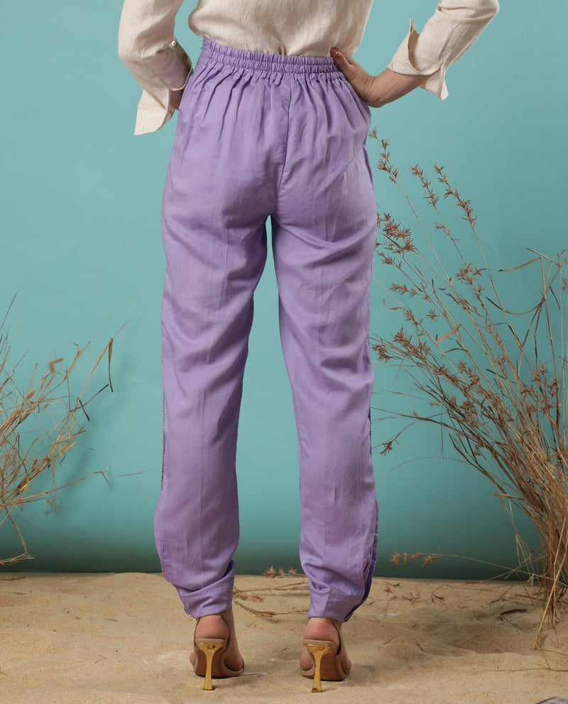 Rareism Women Erin Pastel Purple Modal Linen Fabric Tailored Fit Plain Ankle Length Trousers