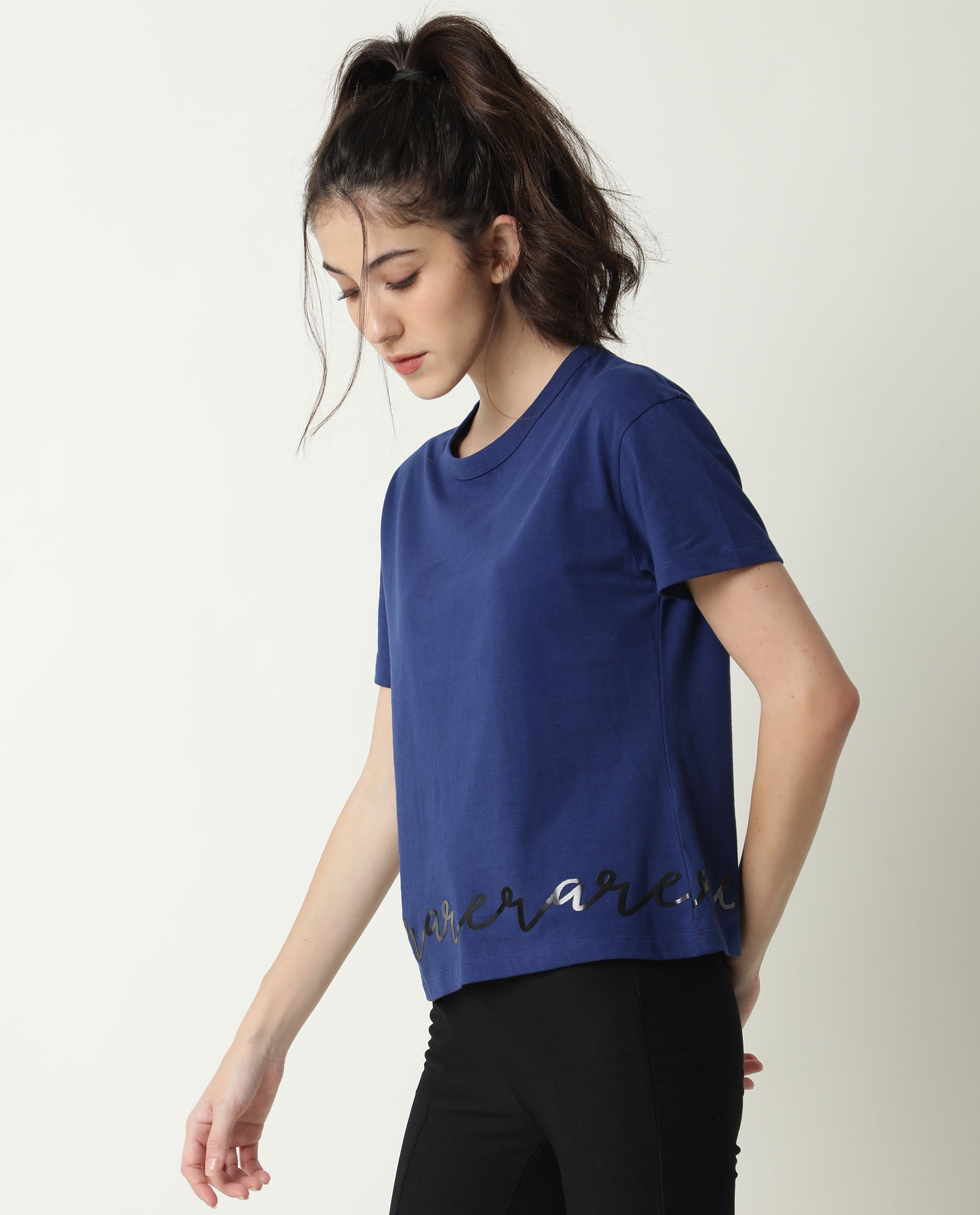 Rareism Women Ruthi Navy Cotton Fabric Regular Fit Half Sleeves Graphic Print Crew Neck T-Shirt