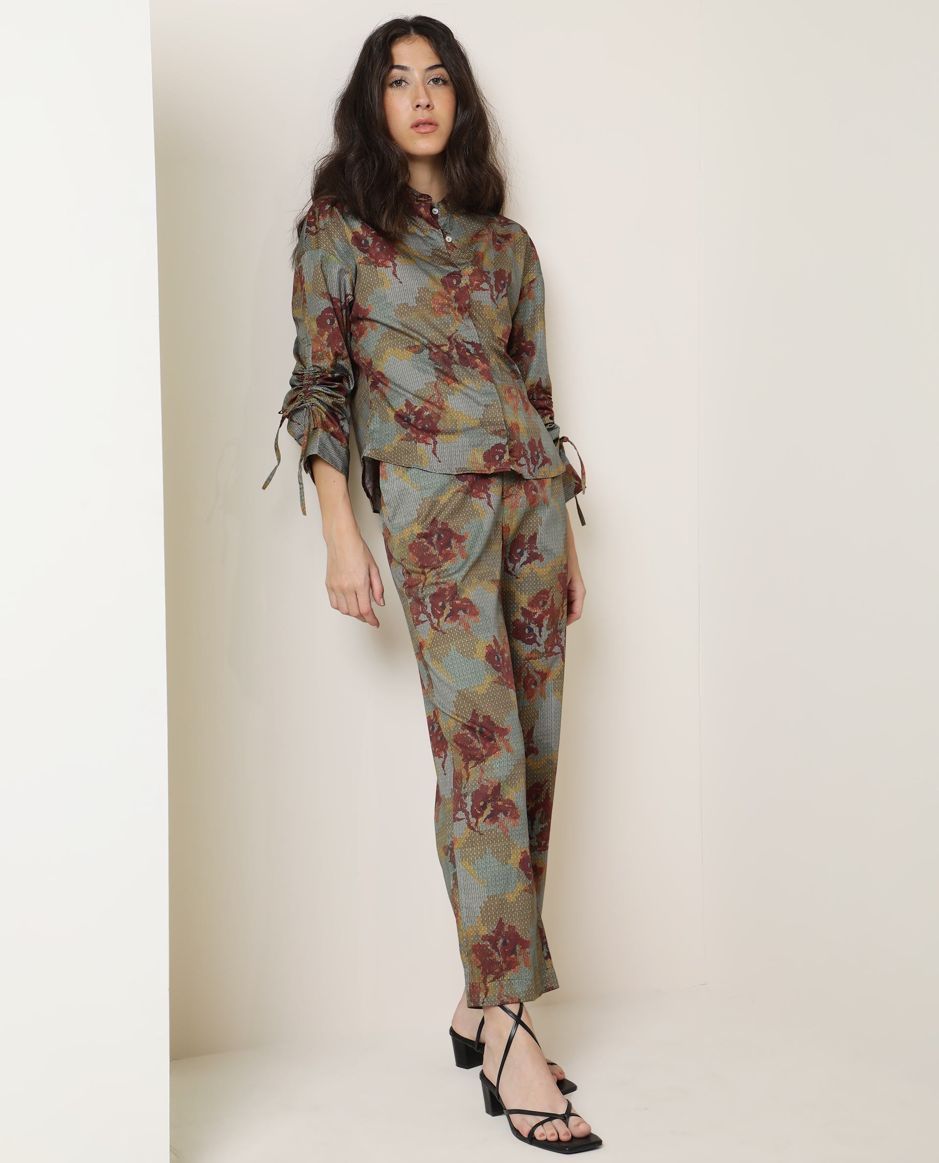 Rareism Women Milan Dark Olive Cotton Fabric Button Fly Closure Tailored Fit Floral Print Ankle Length Trousers