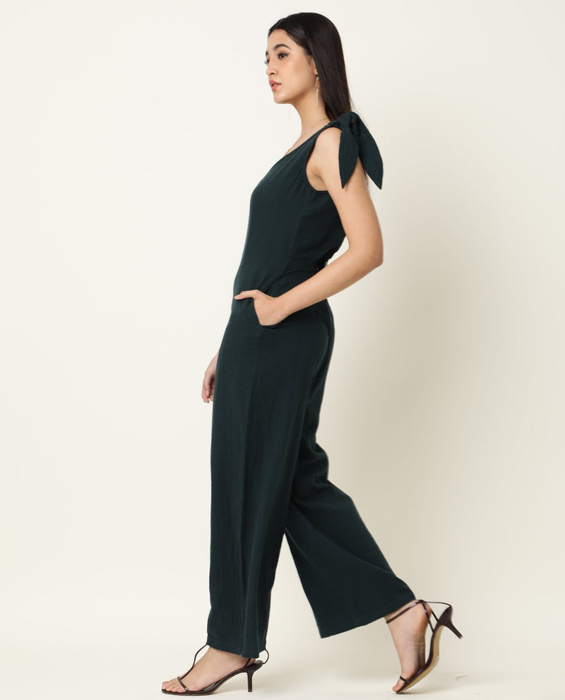 Rareism Women Peanut Dark Green Cotton Fabric Tailored Fit Knee Length Solid Jumpsuit