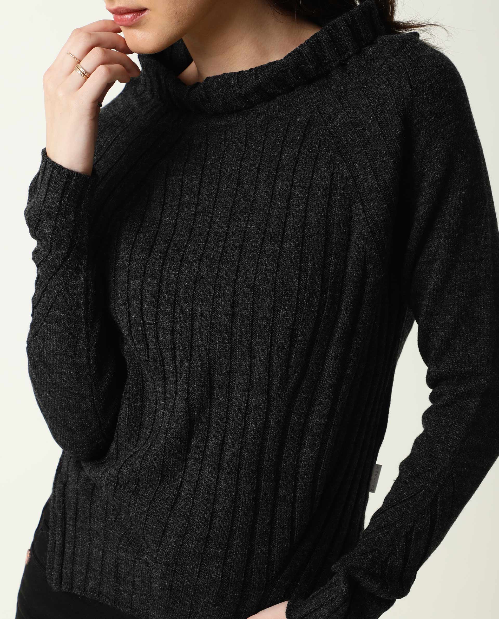 Rareism Women's Halo Black Acrylic High Neck Plain Regular Fit Sweater