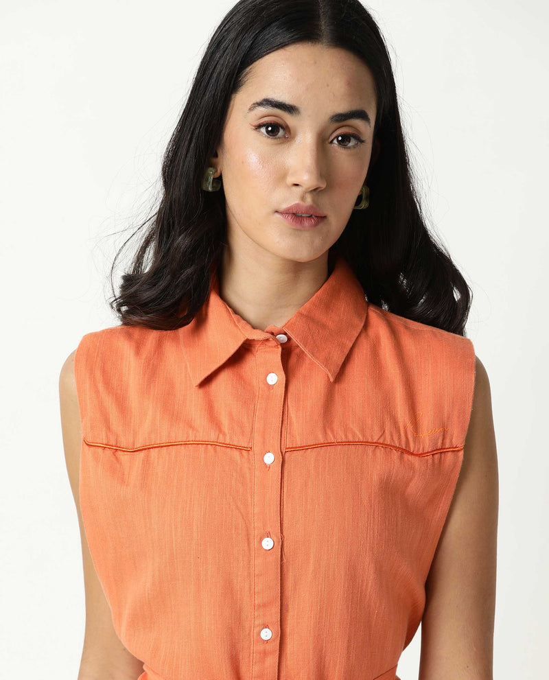 Rareism Women Zolaa Orange Shirt Collar Front Packet With Buttons Fabric Waist Belt And Side Slit Knee Length Dress