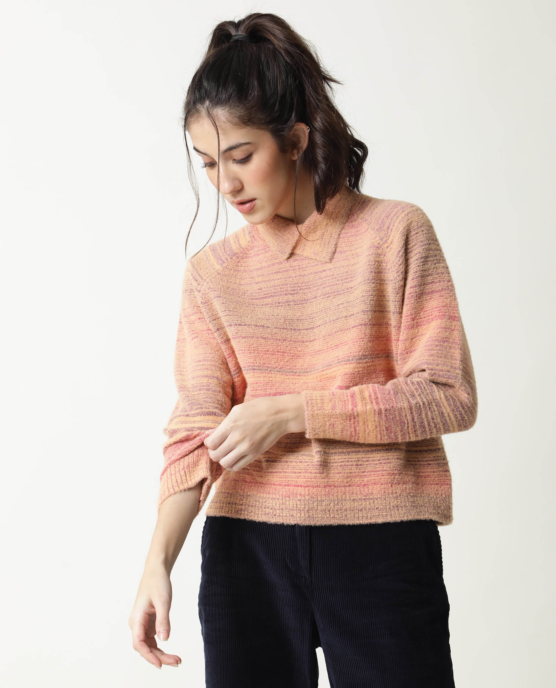 Rareism Women Rosalva Pink Nylon Fabric Full Sleeves Knee Length Regular Fit Ombre High Neck Sweater