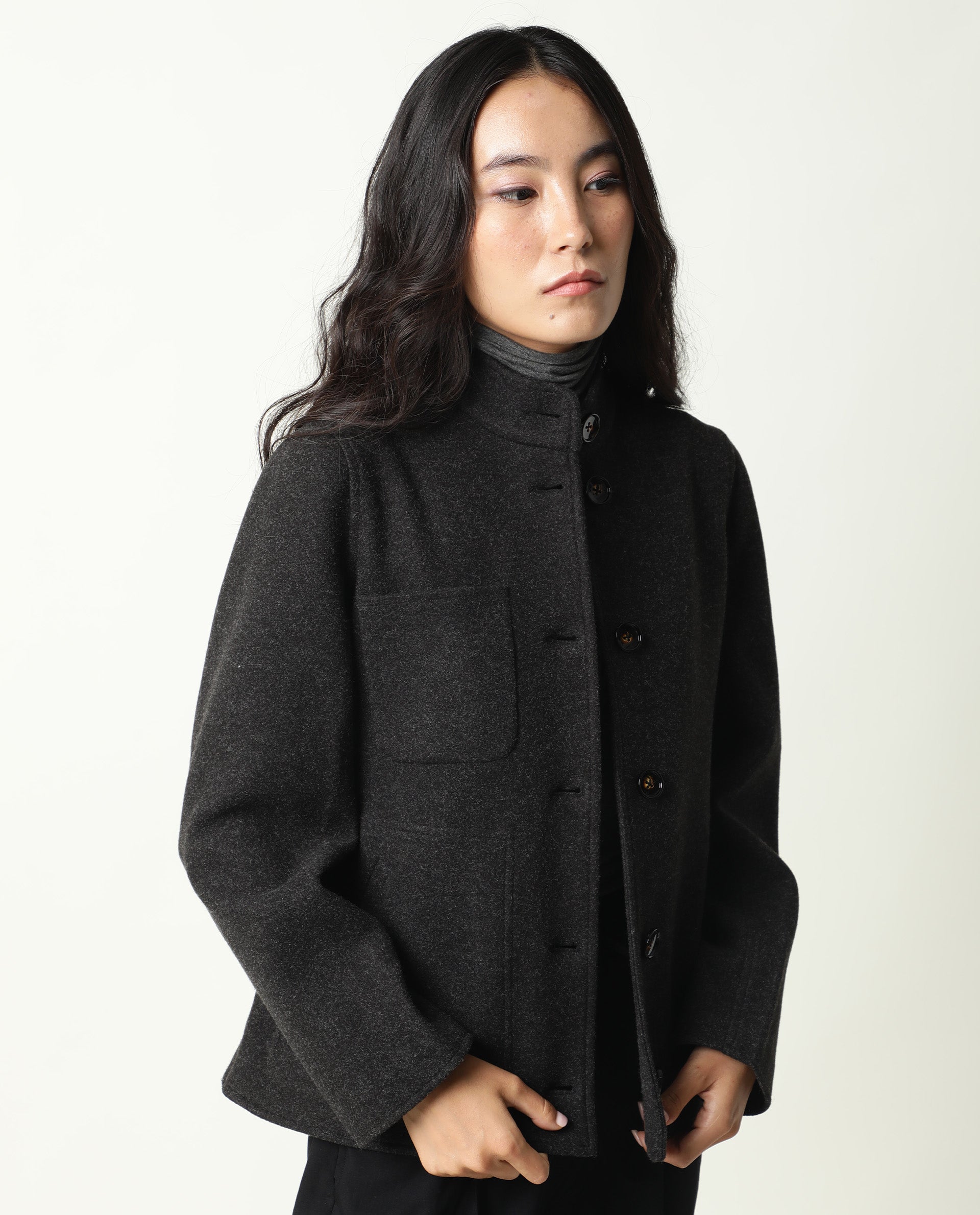 Rareism Women Comico Black Polyester Fabric Full Sleeves Solid Mandarin Collar Jacket