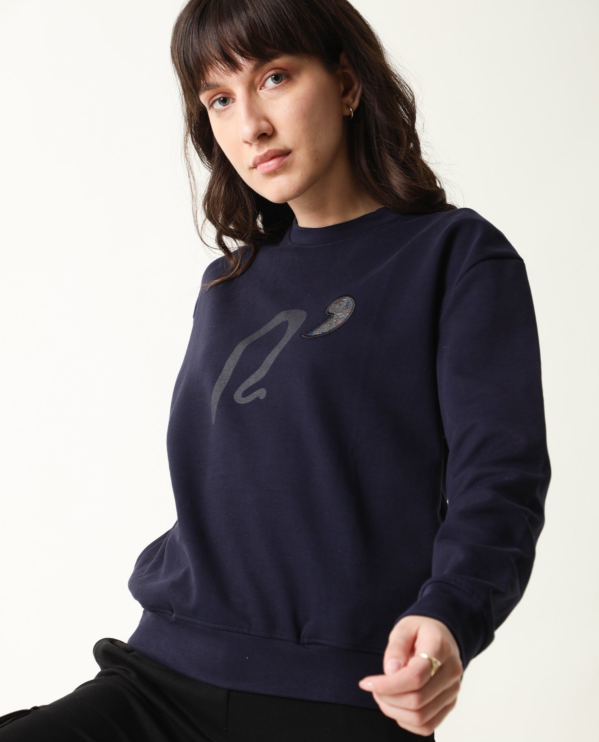 Rareism Women Slashy Navy  Relaxed Fit Full Sleeves Solid Crew Neck Sweatshirt