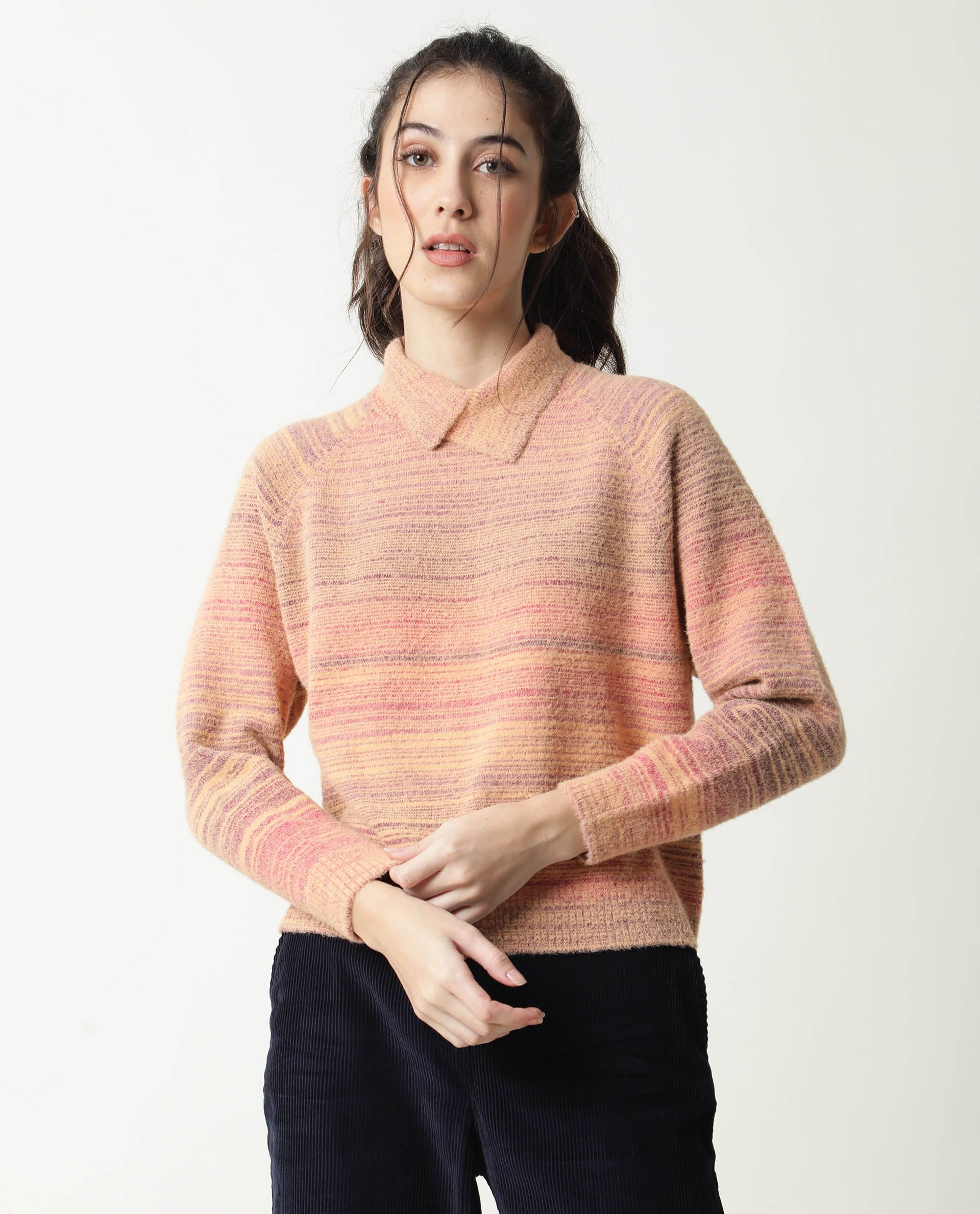 Rareism Women Rosalva Pink Nylon Fabric Full Sleeves Knee Length Regular Fit Ombre High Neck Sweater