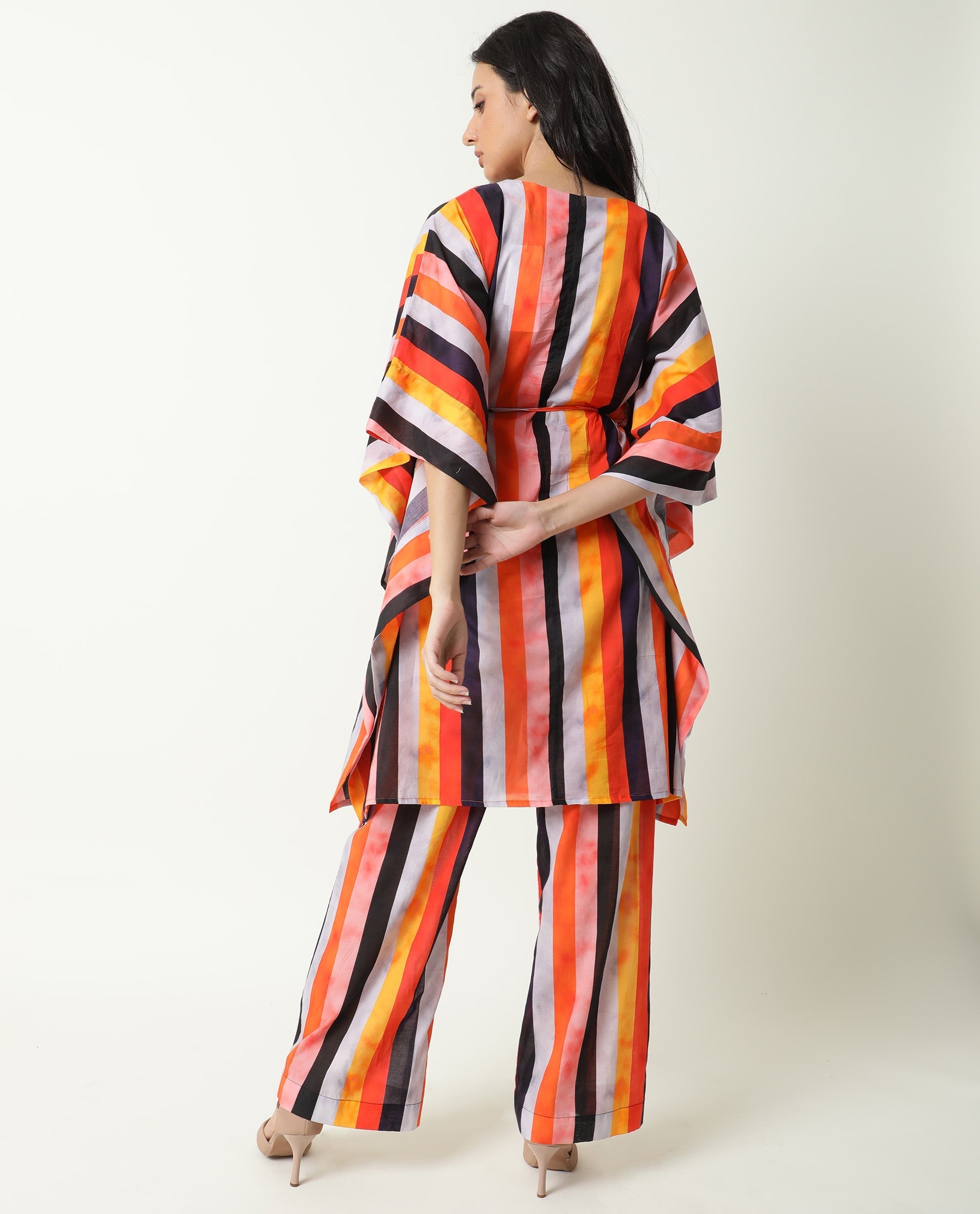 Rareism Women's Fact Multi V-Neck Striped Flared Sleeve Knee Length Relaxed Fit Dress