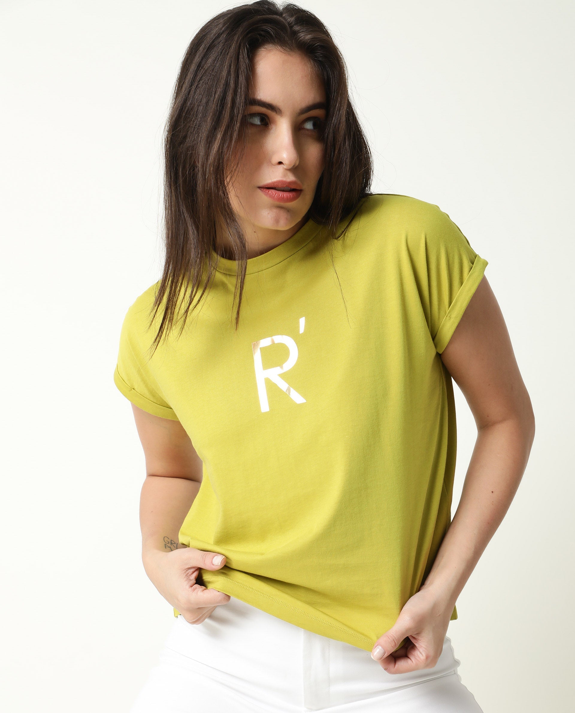 Rareism Women Rad Flouroscent Green Cotton Fabric Regular Fit Half Sleeves Graphic Print Crew Neck T-Shirt