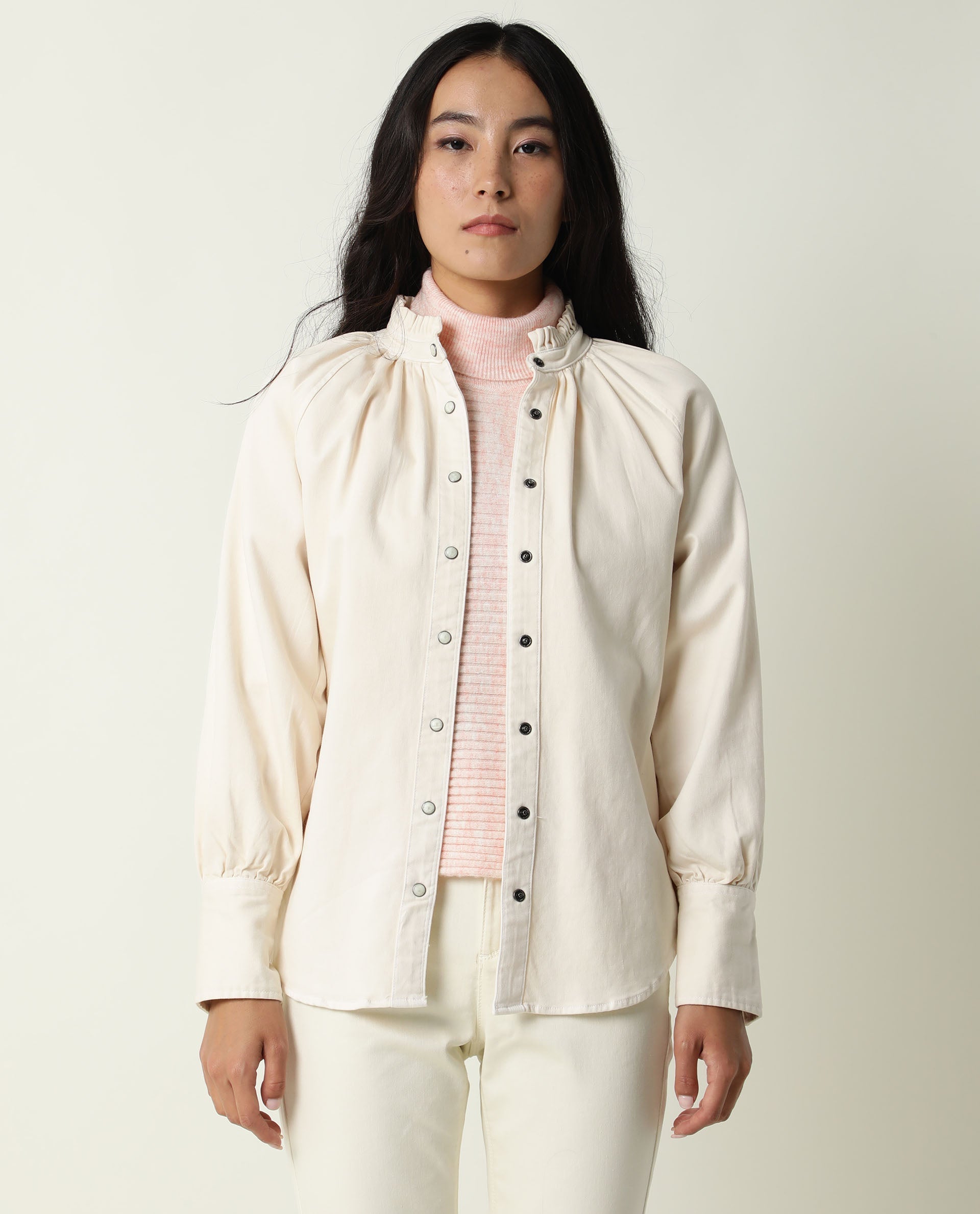 Rareism Women Bellona Off White Cotton Fabric Full Sleeves Solid Ruffled Neck Jacket