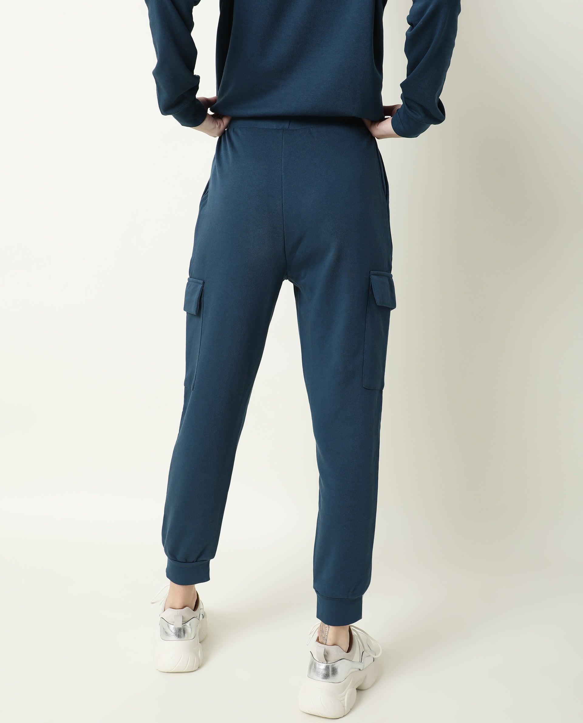 Rareism Women Nush-1 Petrol Poly Cotton Fabric Regular Fit Solid Mid Rise Ankle Length Track Pant
