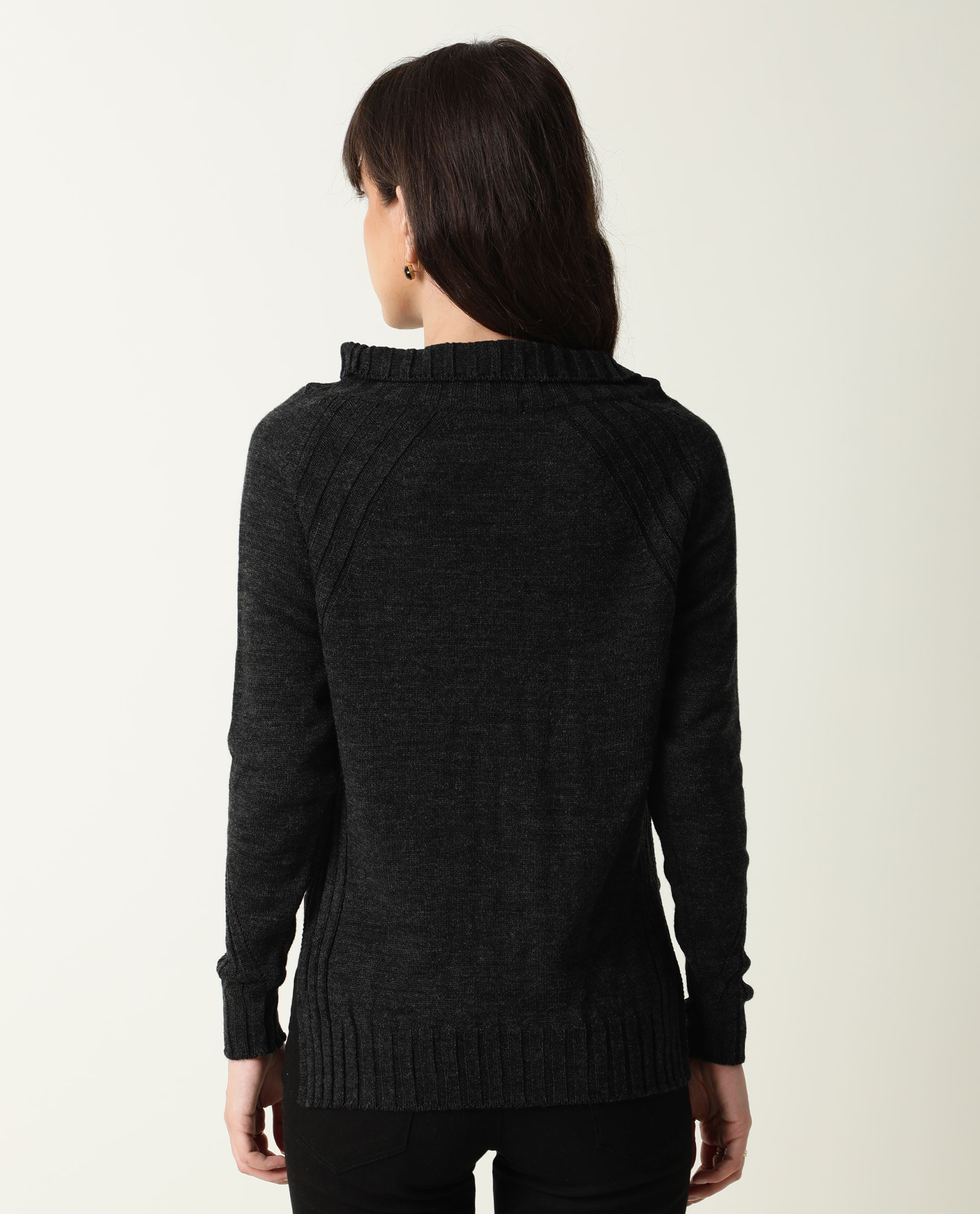 Rareism Women's Halo Black Acrylic High Neck Plain Regular Fit Sweater