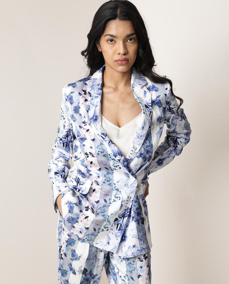 Rareism Women Shabella Light Blue Polyester Fabric Full Sleeves Button Closure Lapel Neck Tailored Fit Floral Print Blazer