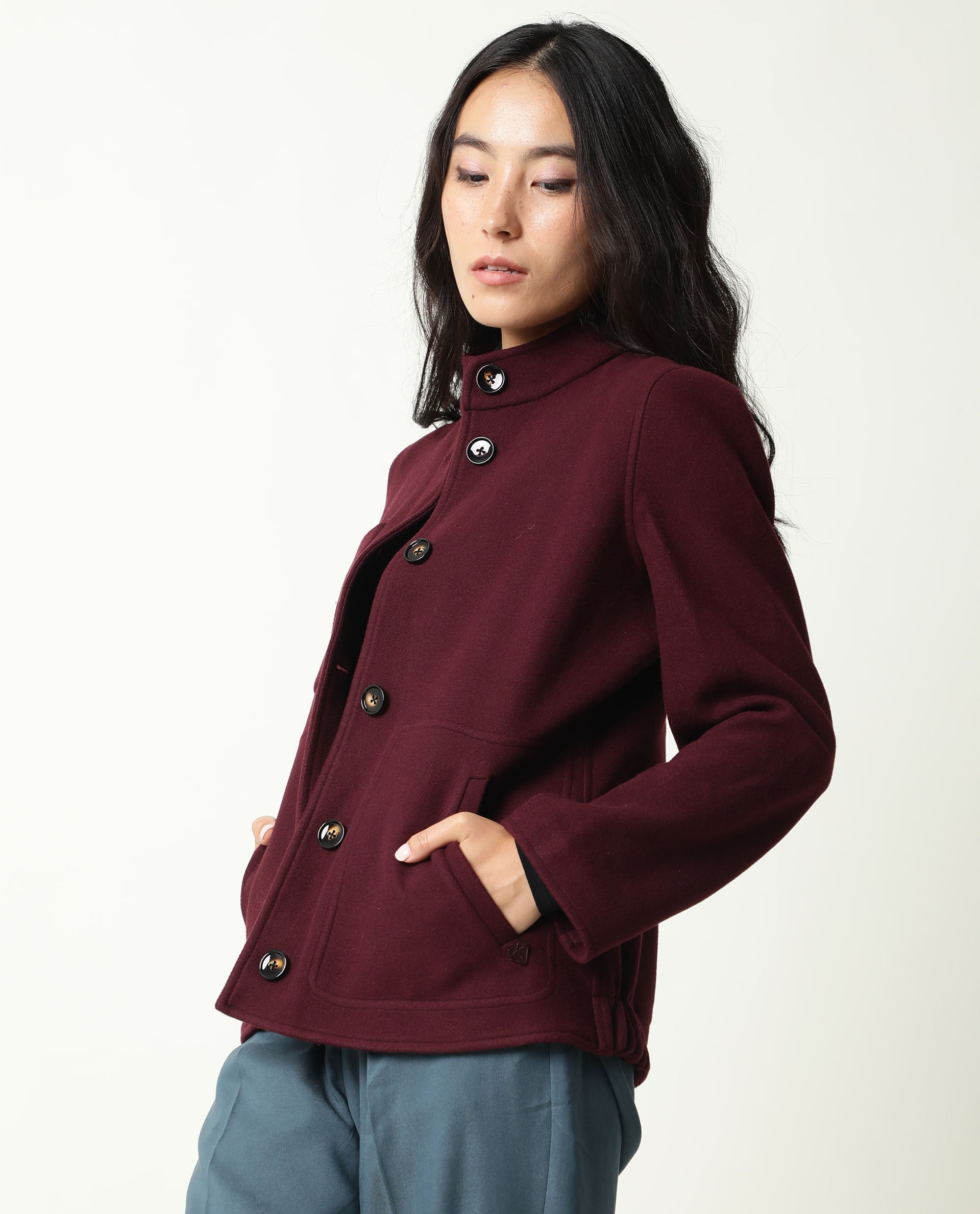 Rareism Women Comico Maroon Polyester Fabric Full Sleeves Solid Mandarin Collar Jacket