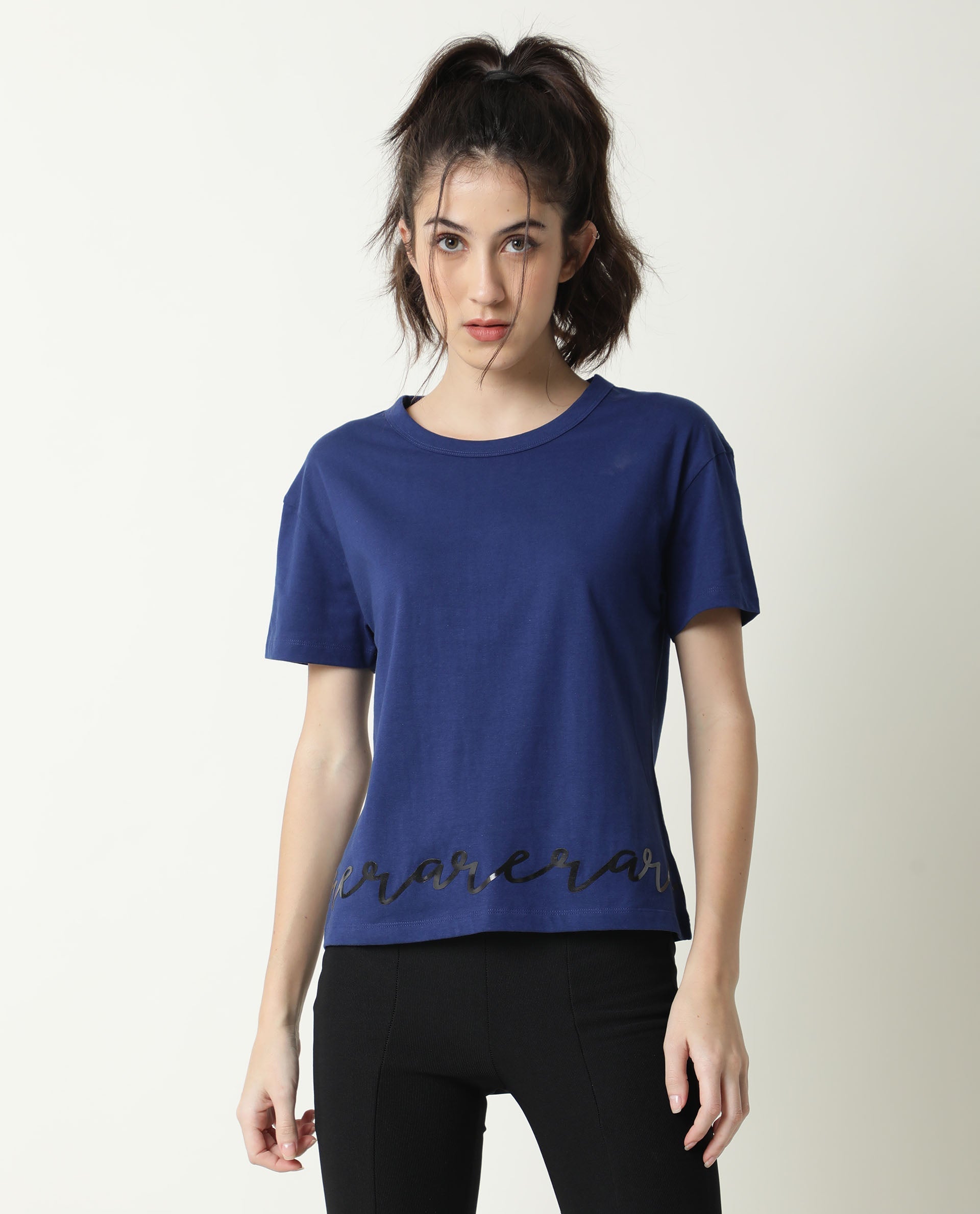 Rareism Women Ruthi Navy Cotton Fabric Regular Fit Half Sleeves Graphic Print Crew Neck T-Shirt