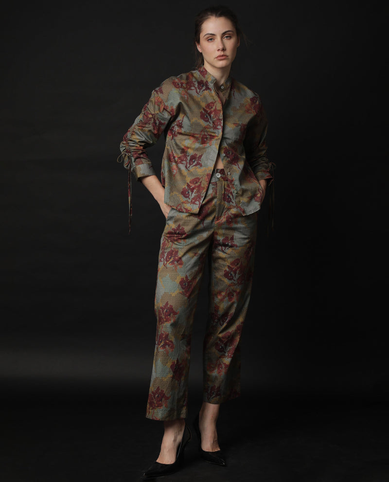 Rareism Women Milan Dark Olive Cotton Fabric Button Fly Closure Tailored Fit Floral Print Ankle Length Trousers