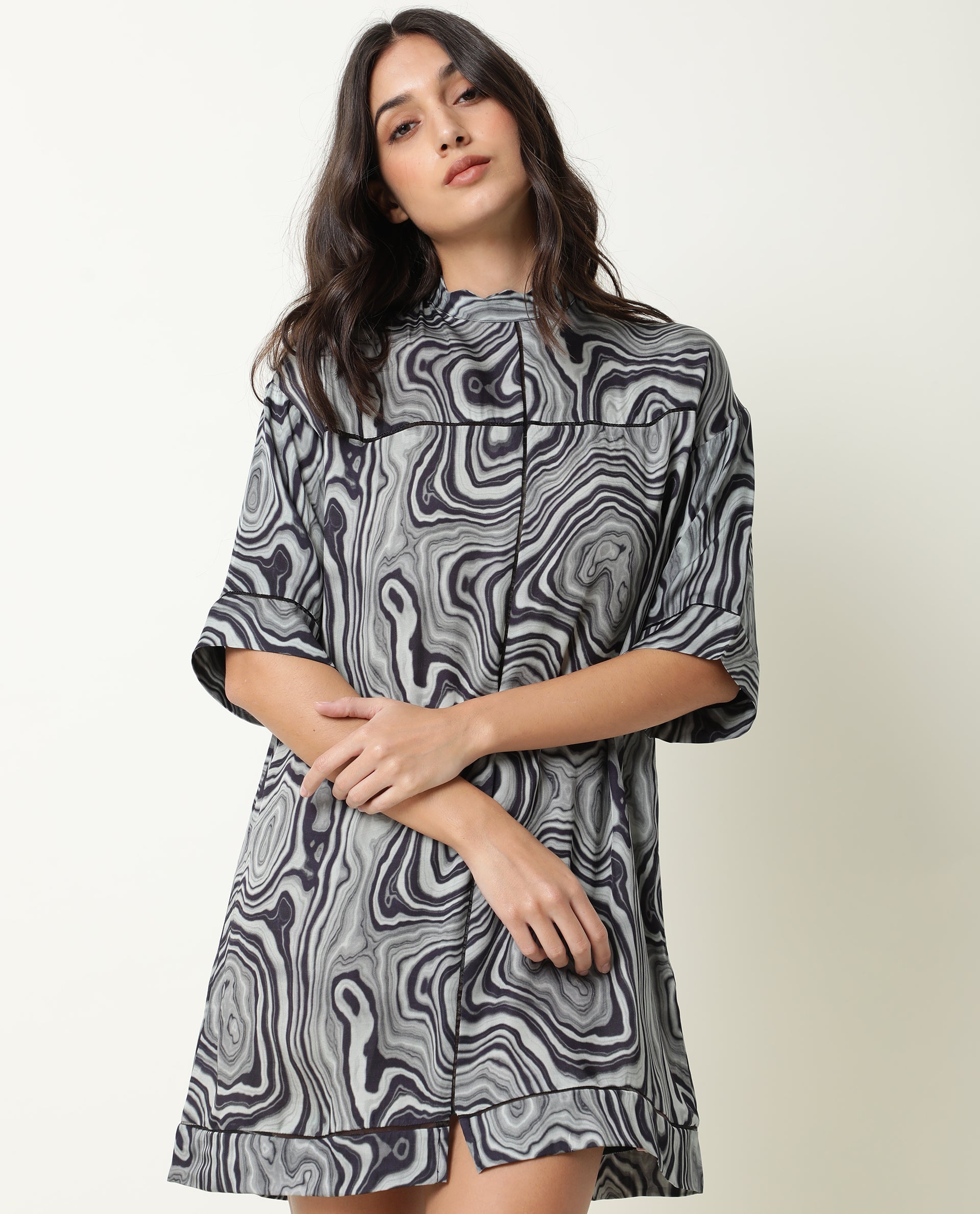 Rareism Women Favor Black Abstract Print High Neck Half Sleeves Mini Dress