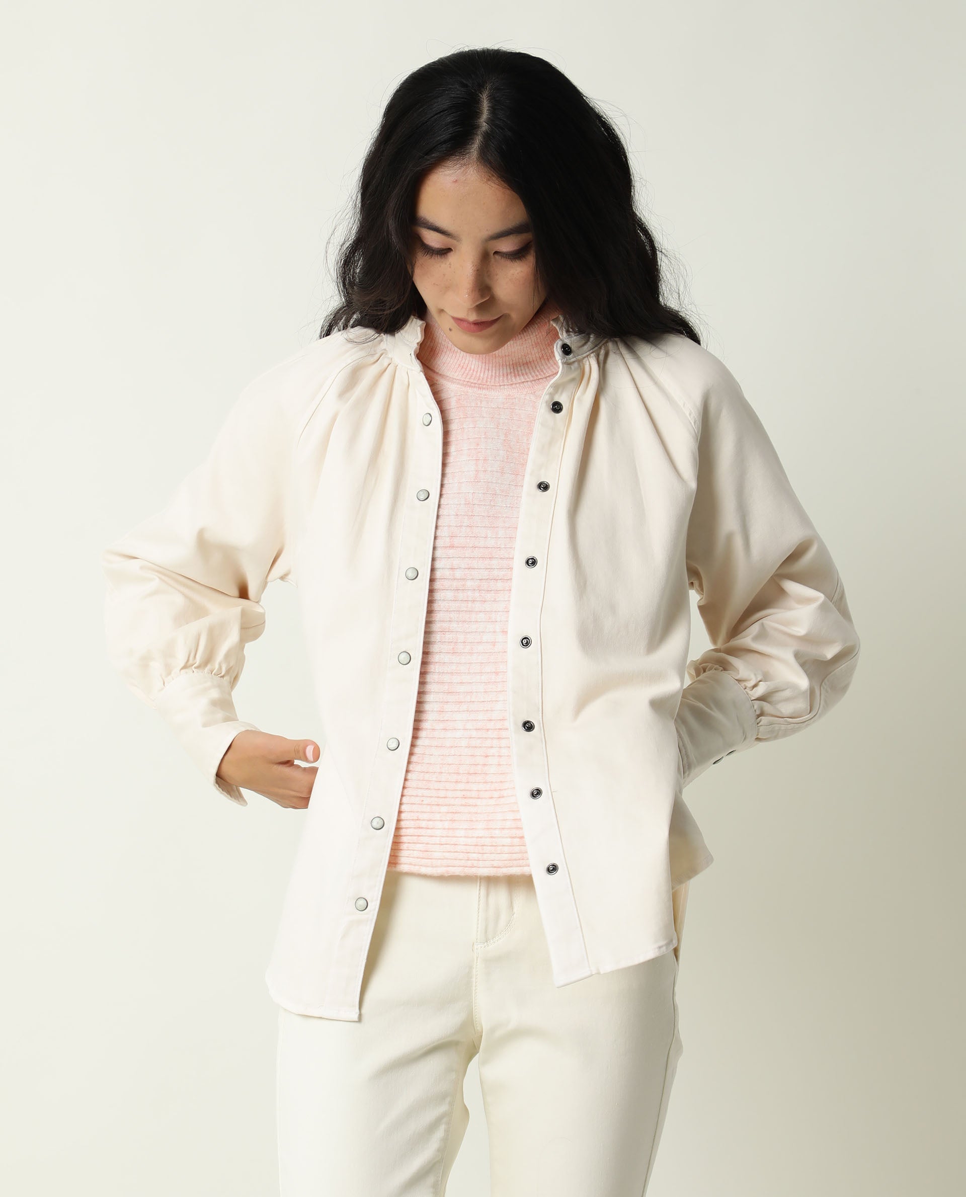 Rareism Women Bellona Off White Cotton Fabric Full Sleeves Solid Ruffled Neck Jacket
