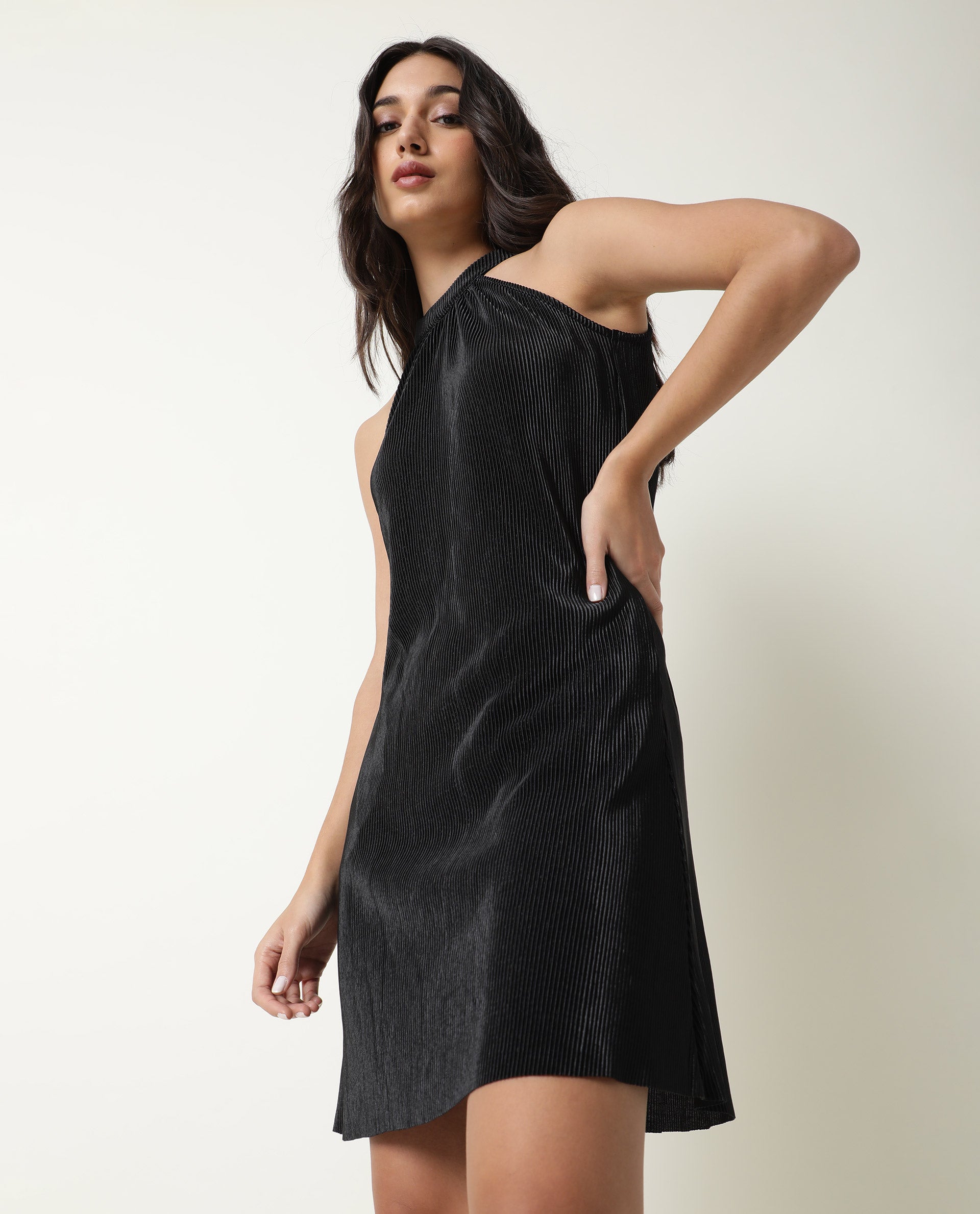 Rareism Womens Petroit Black  Dress Polester Fabric Regular Fit Sleeveless Halter Neck