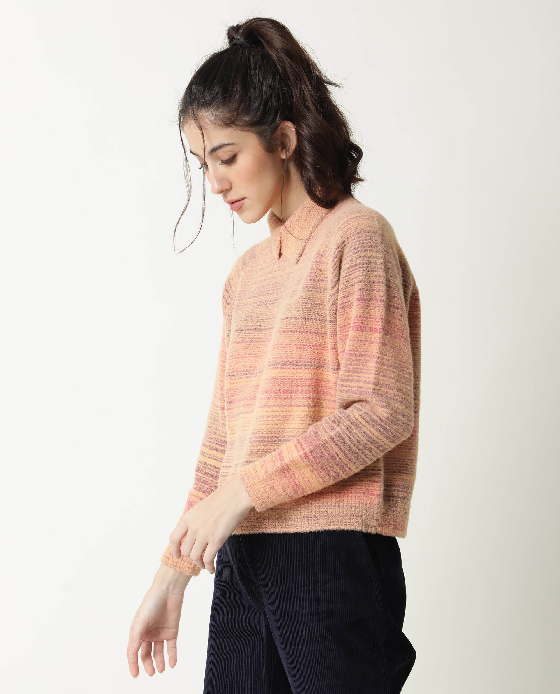 Rareism Women Rosalva Pink Nylon Fabric Full Sleeves Knee Length Regular Fit Ombre High Neck Sweater
