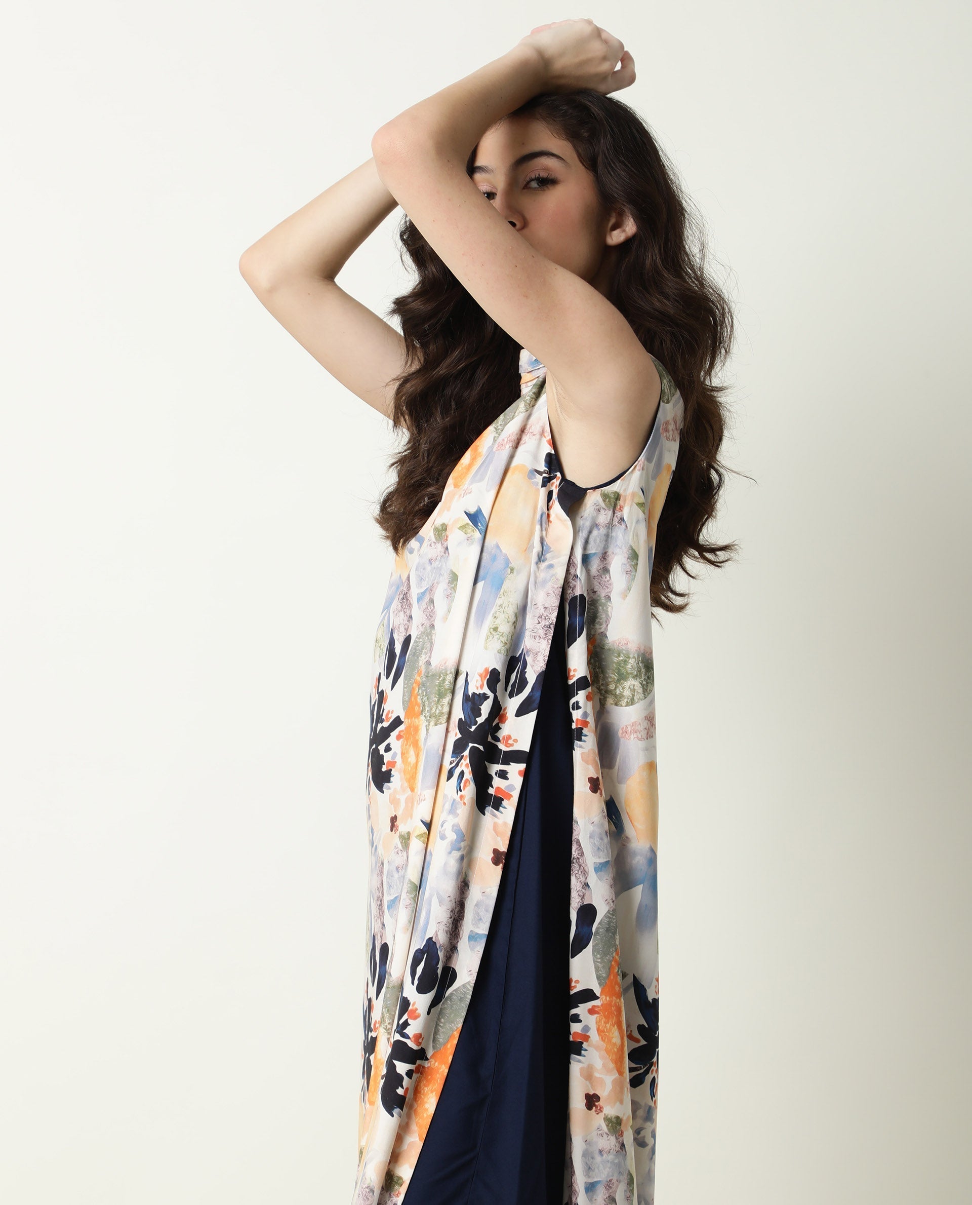 Rareism Women's Isa Multi High Neck Floral Print Sleeveless Knee Length Regular Fit Dress