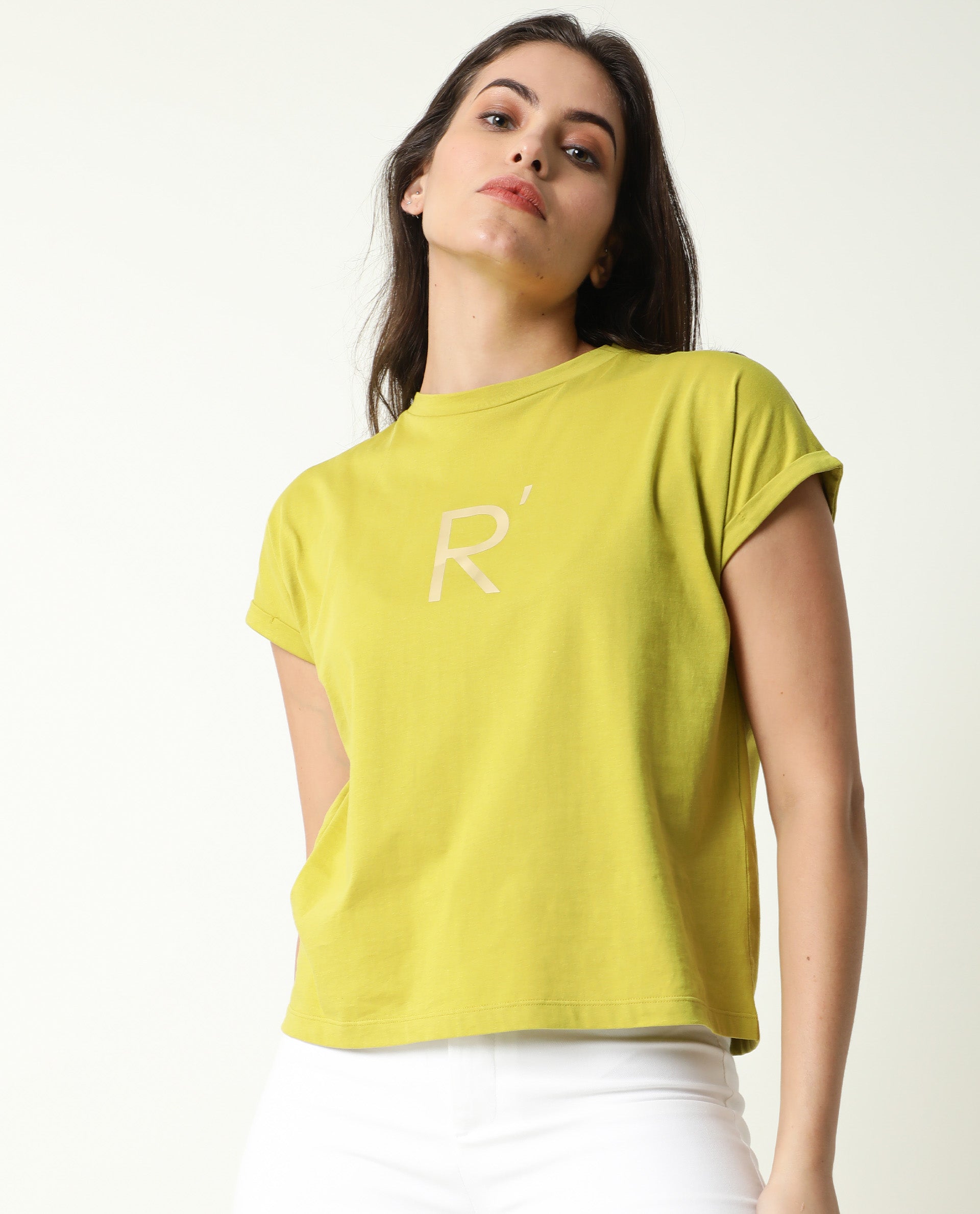 Rareism Women Rad Flouroscent Green Cotton Fabric Regular Fit Half Sleeves Graphic Print Crew Neck T-Shirt