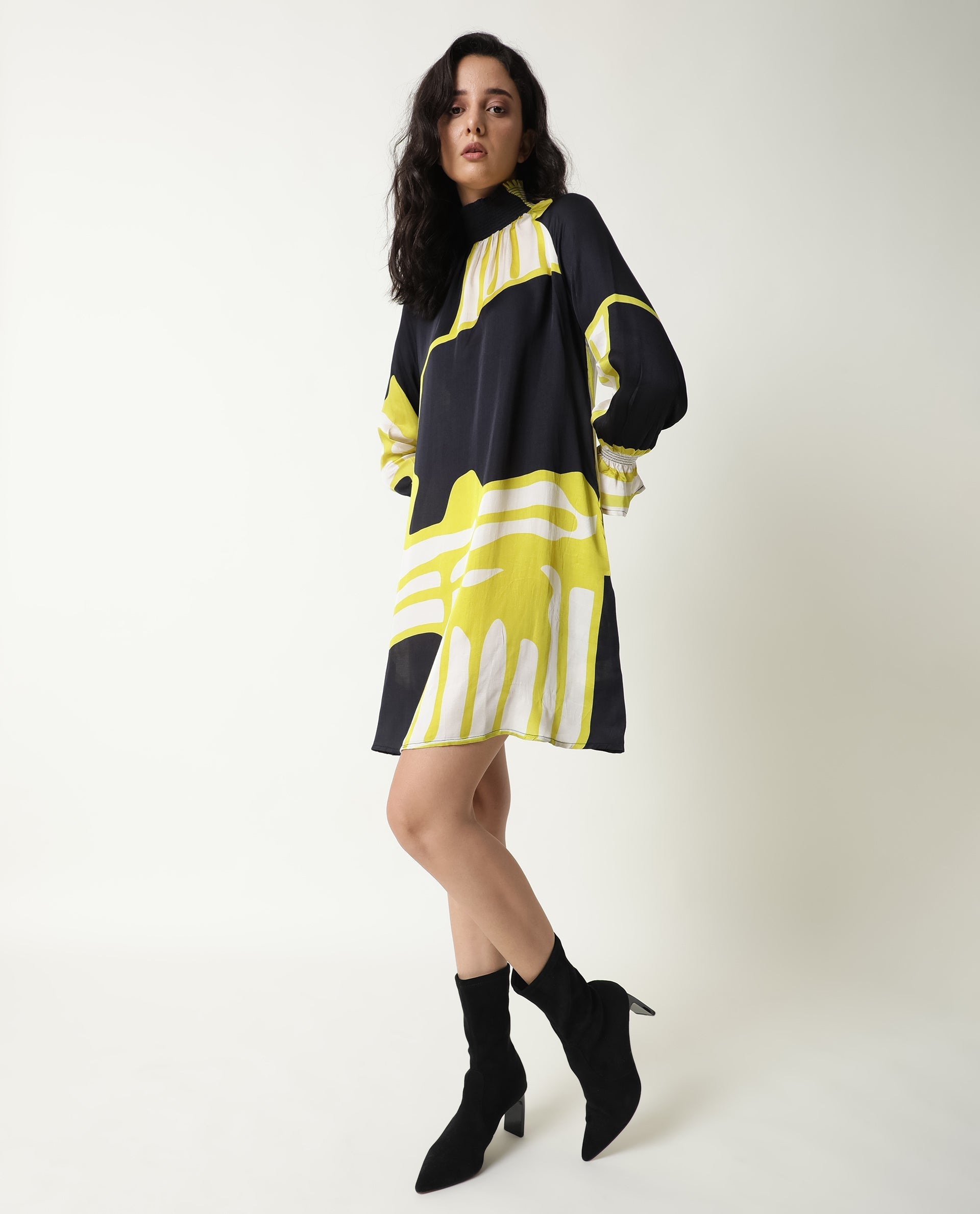 Rareism Women Jolene Black Abstract Print Smocked Neck Full Sleeves With Pockets Mini Dress