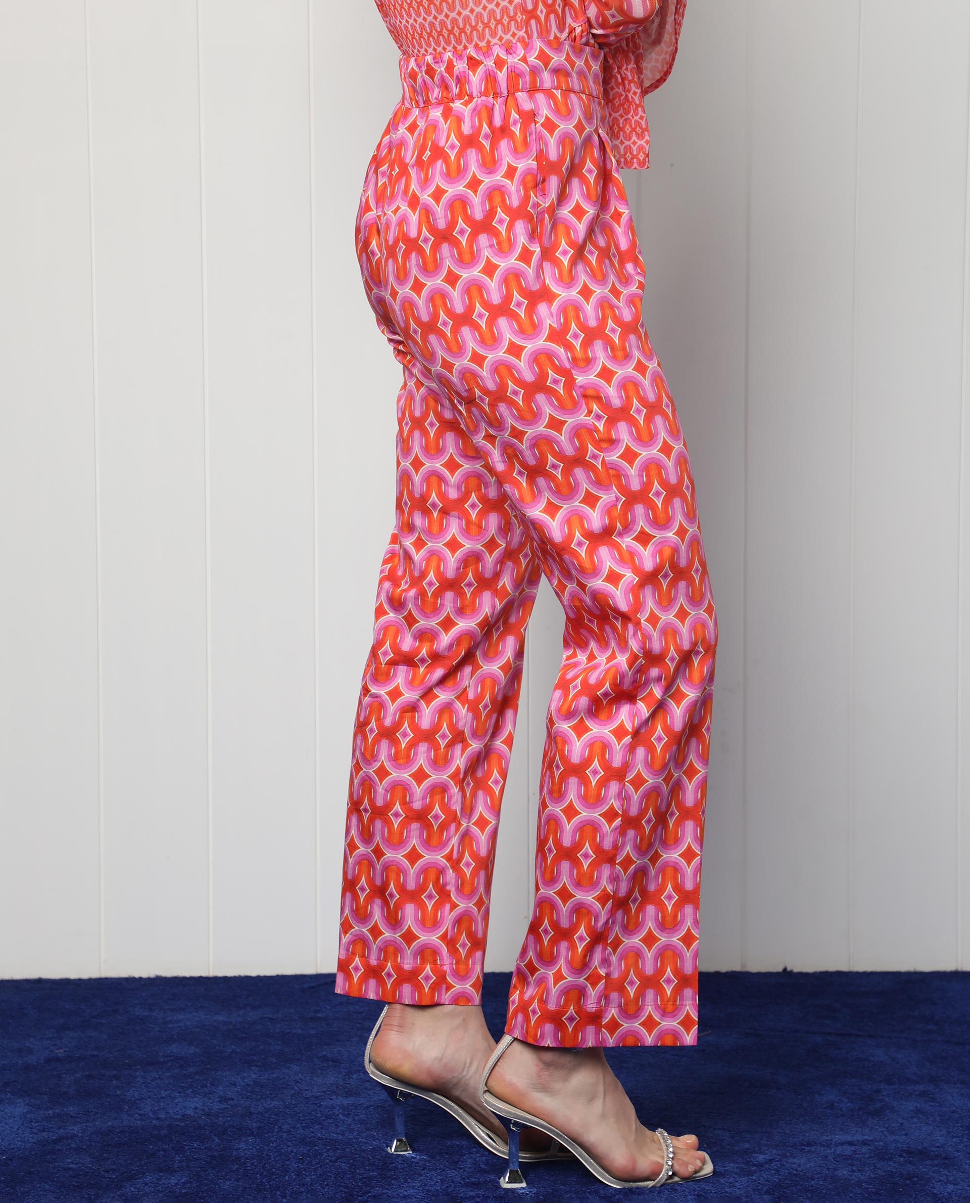 Rareism Women Cremon Orange Cotton Blend Fabric Regular Fit Geometric Print Ankle Length Trousers