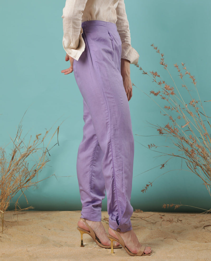 Rareism Women Erin Pastel Purple Modal Linen Fabric Tailored Fit Plain Ankle Length Trousers