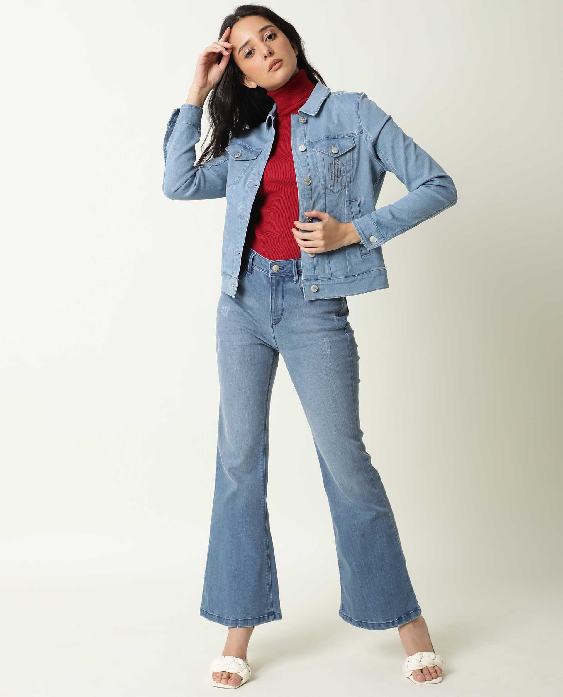 Rareism Women Misso Light Blue Cotton Lycra Fabric Full Sleeves Solid Shirt Collar Jacket