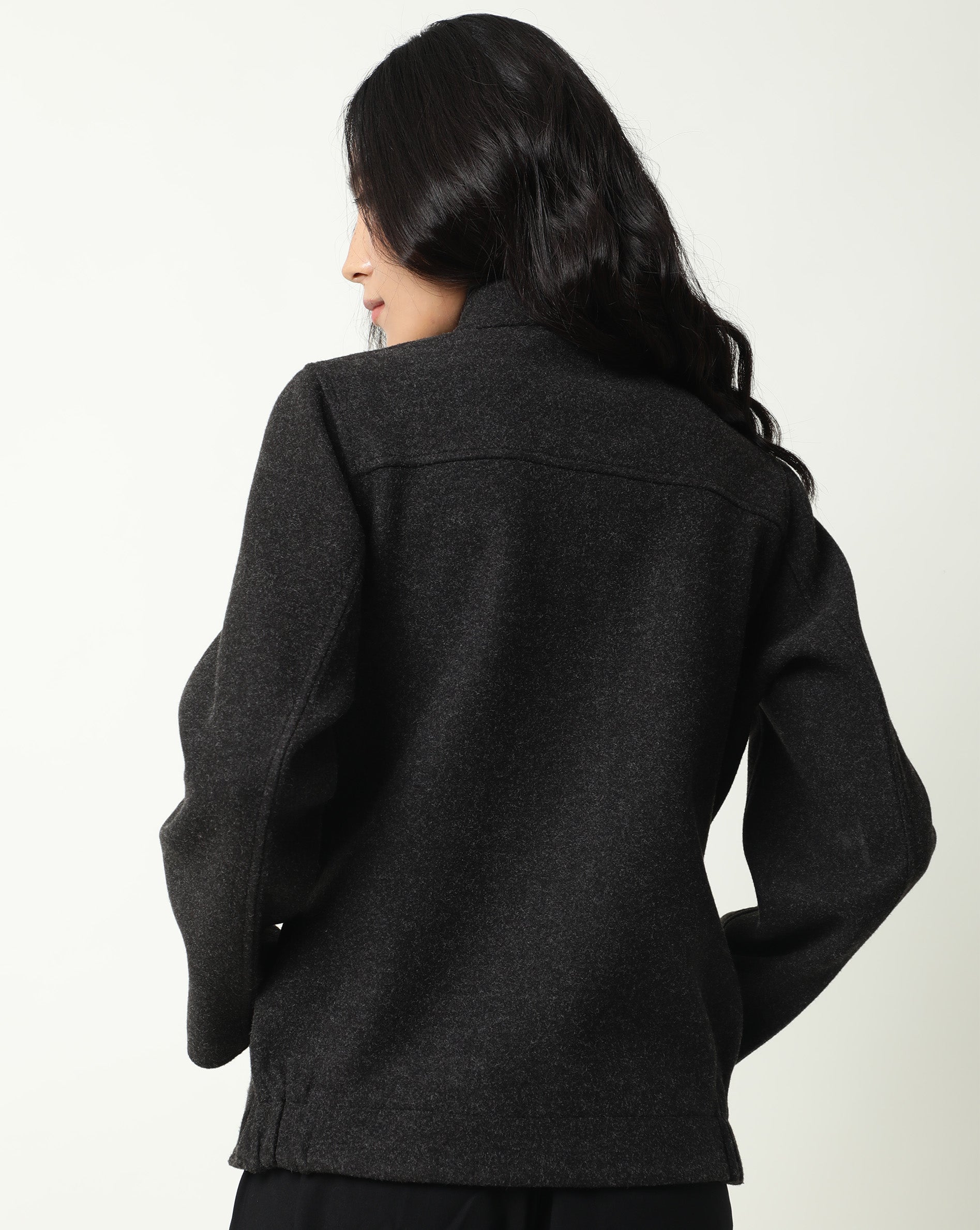Rareism Women Comico Black Polyester Fabric Full Sleeves Solid Mandarin Collar Jacket