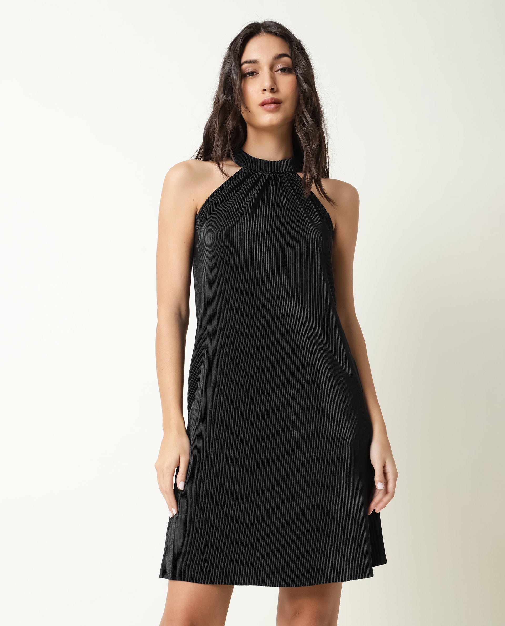 Rareism Womens Petroit Black  Dress Polester Fabric Regular Fit Sleeveless Halter Neck