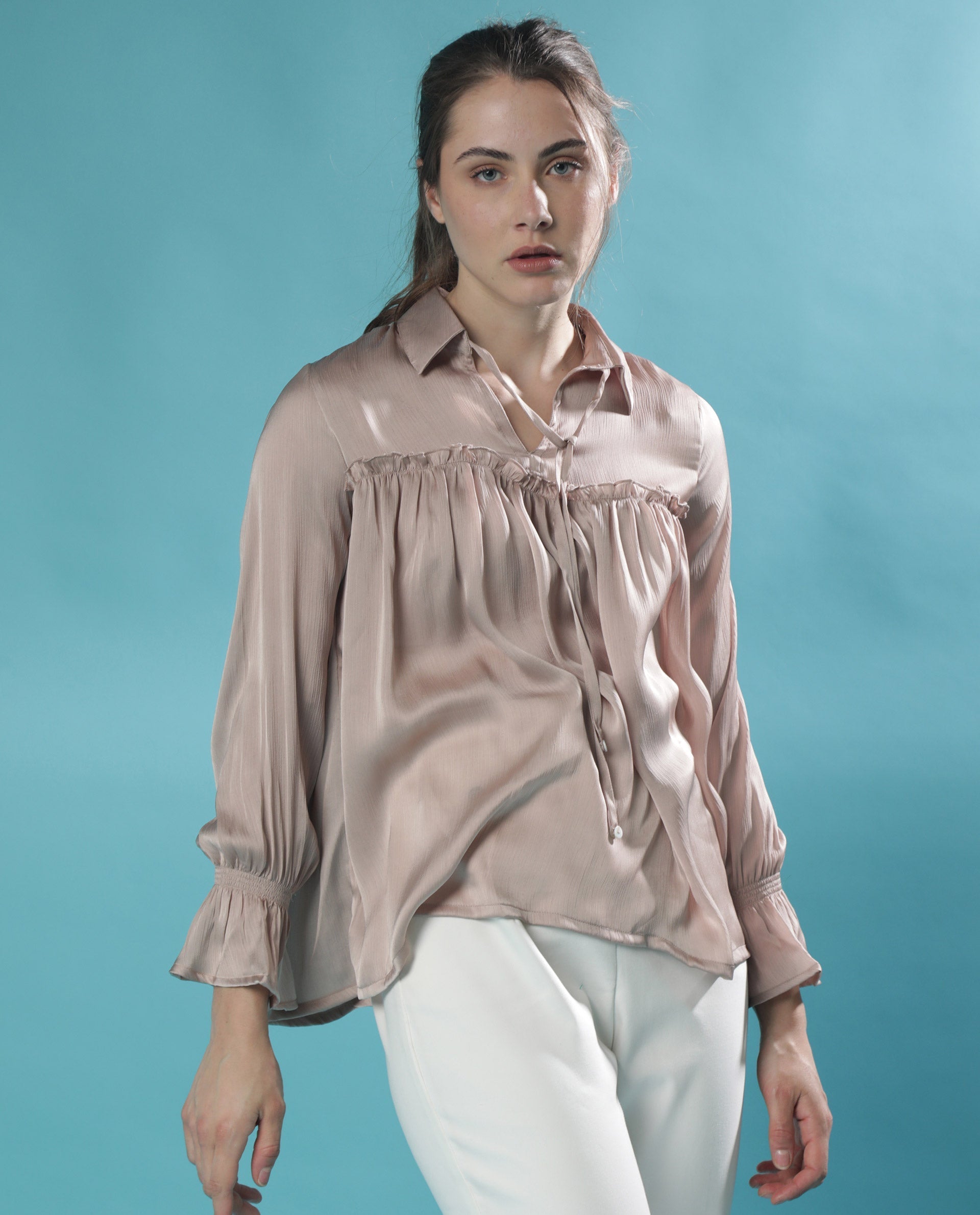 Rareism Women Poetess Light Pink Polyester Fabric Regular Fit Collared Neck Full Sleeves Solid Top