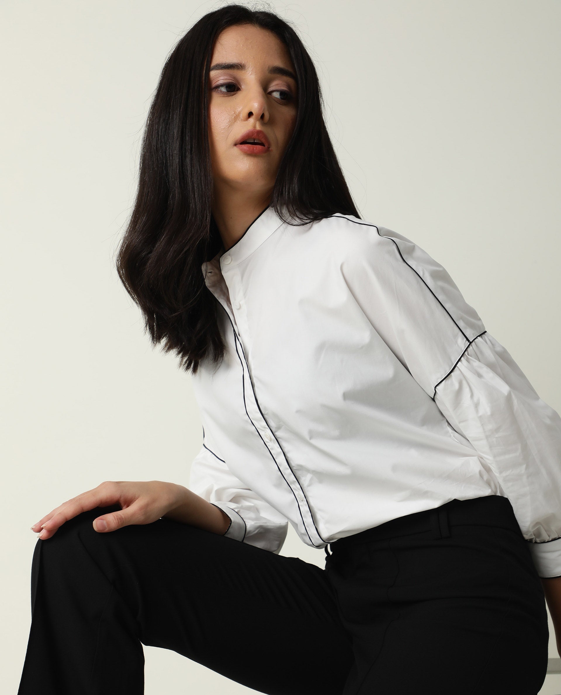 Rareism Womens Baki White Top Cotton Fabric Regular Fit Cuffed Sleeve Collared Neck