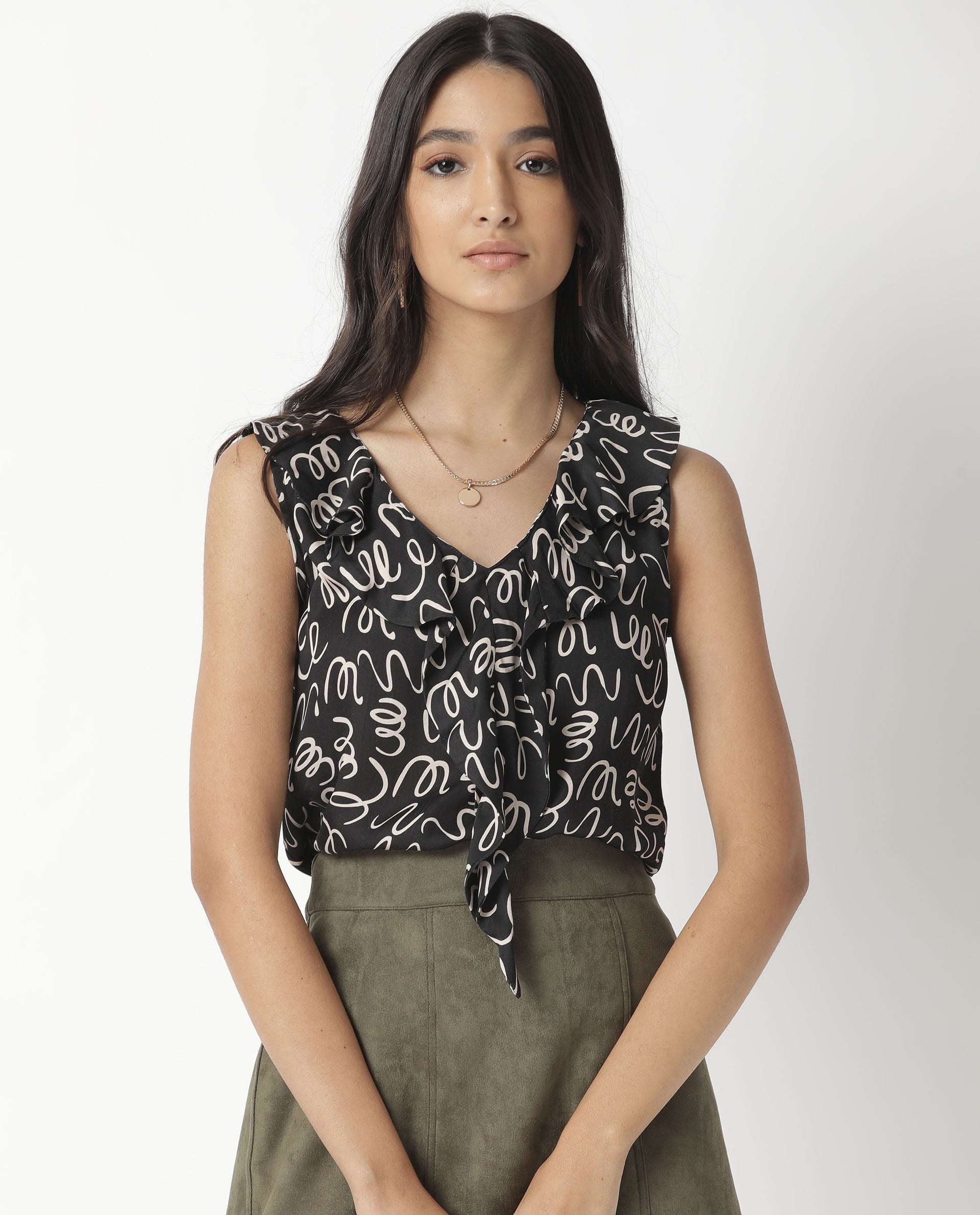 Rareism Women Curls Black Modal Satin Fabric Tailored Fit V-Neck Sleeveless Abstract Print Top