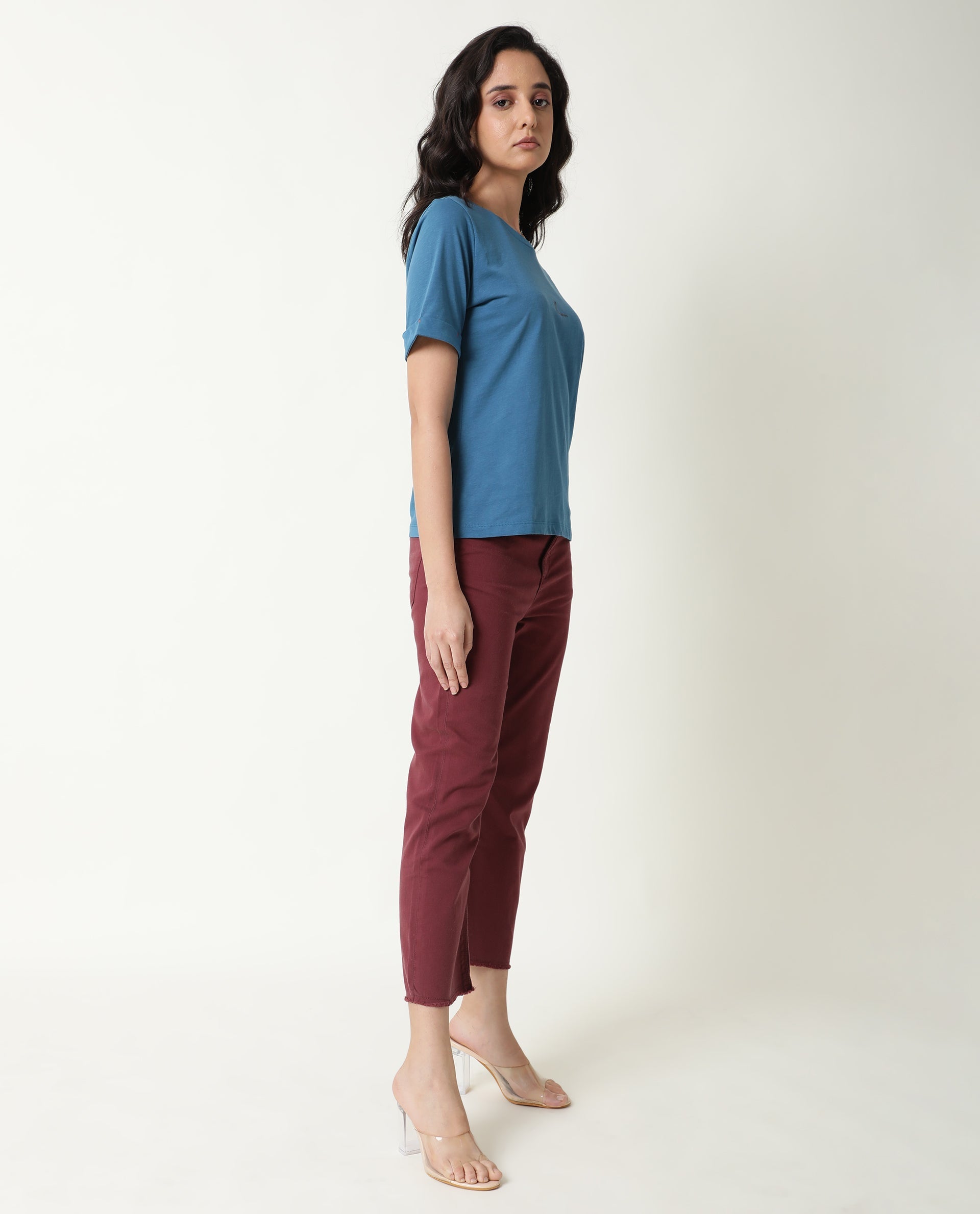 Rareism Women Nova Tee 2 Blue Cotton Fabric Regular Fit Half Sleeves Solid Round Neck T-Shirt