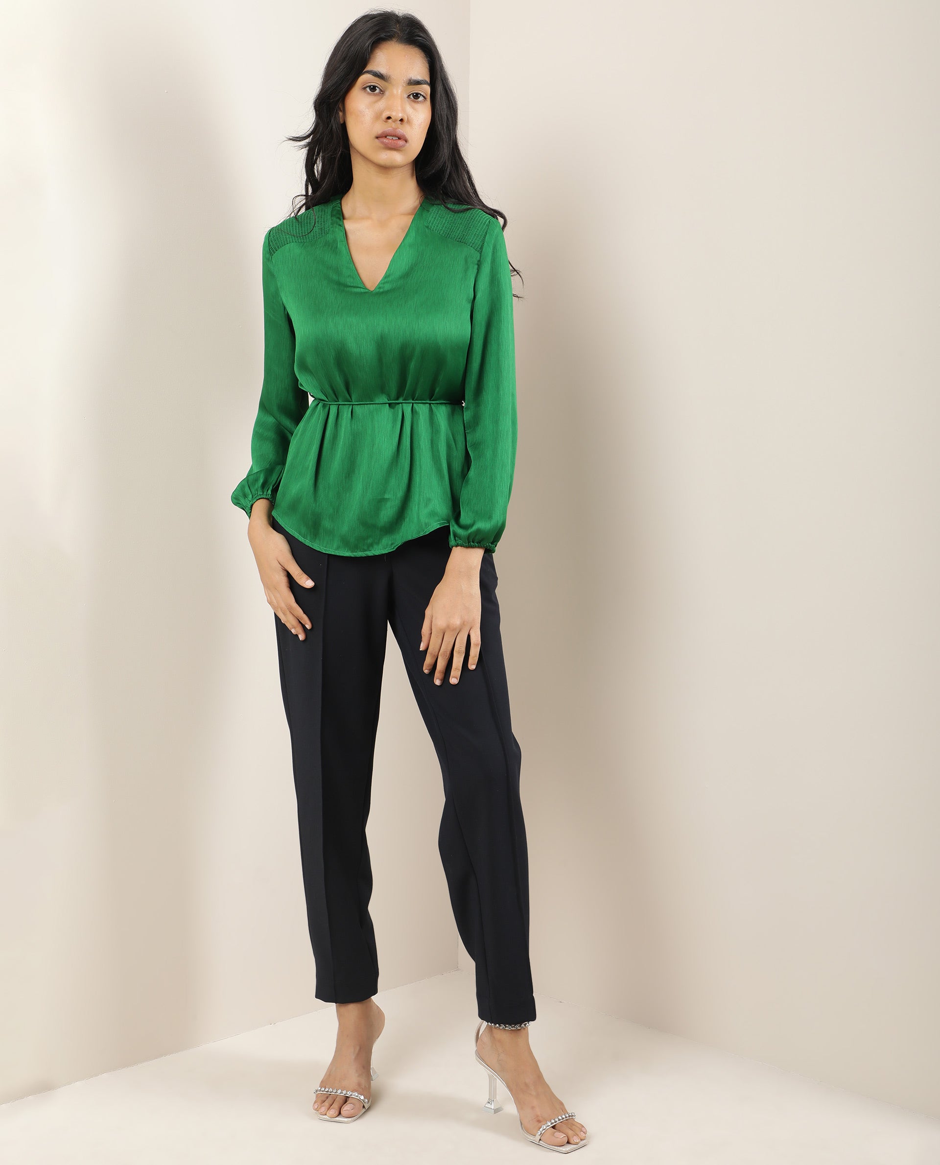 Rareism Womens Dronite Green Top Polyester Fabric  Full Sleeve V Neck