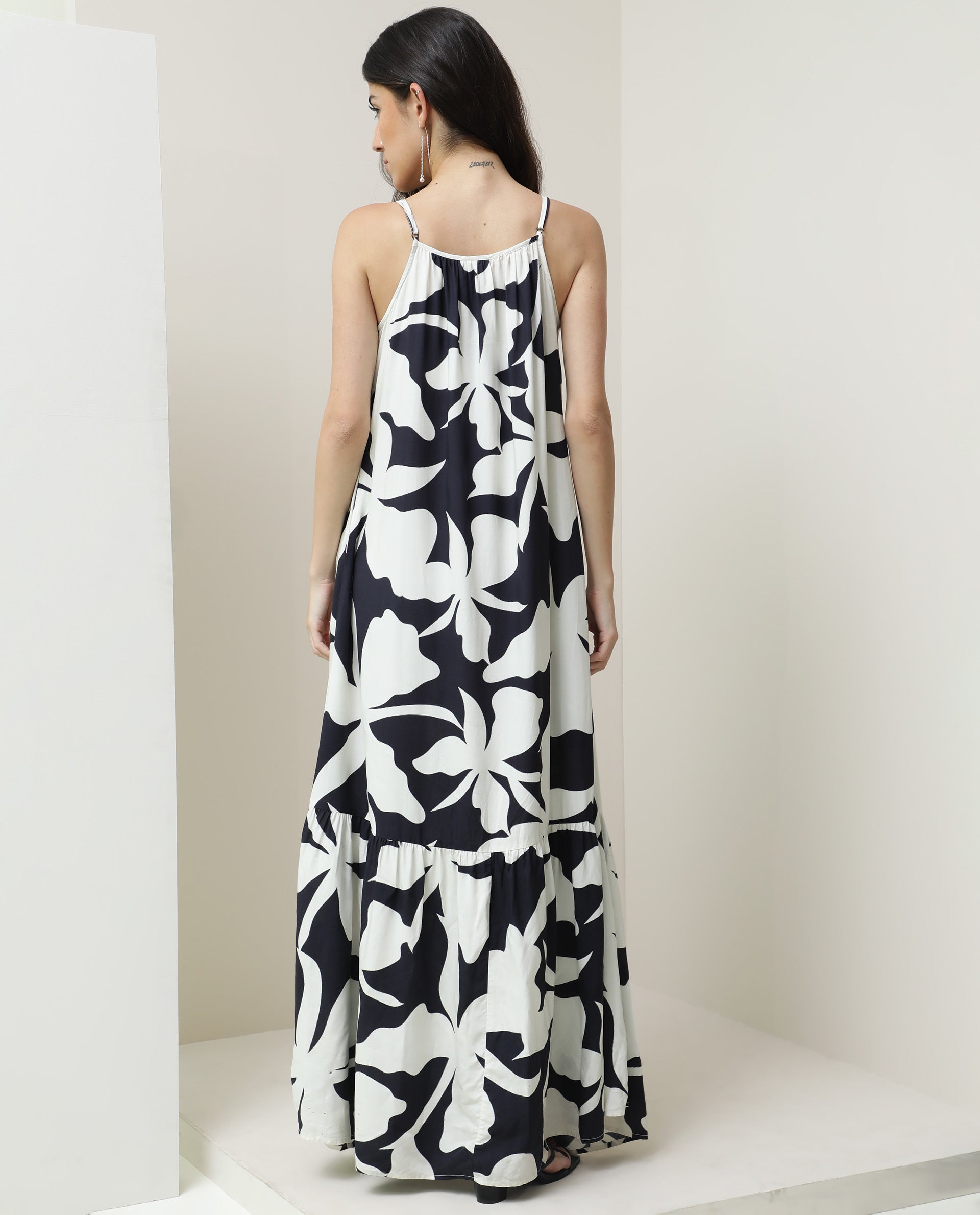 Rareism Women Zahara Black Viscose Fabric Sleeveless Shoulder Straps Regular Fit Floral Print Knee Length Tiered Dress