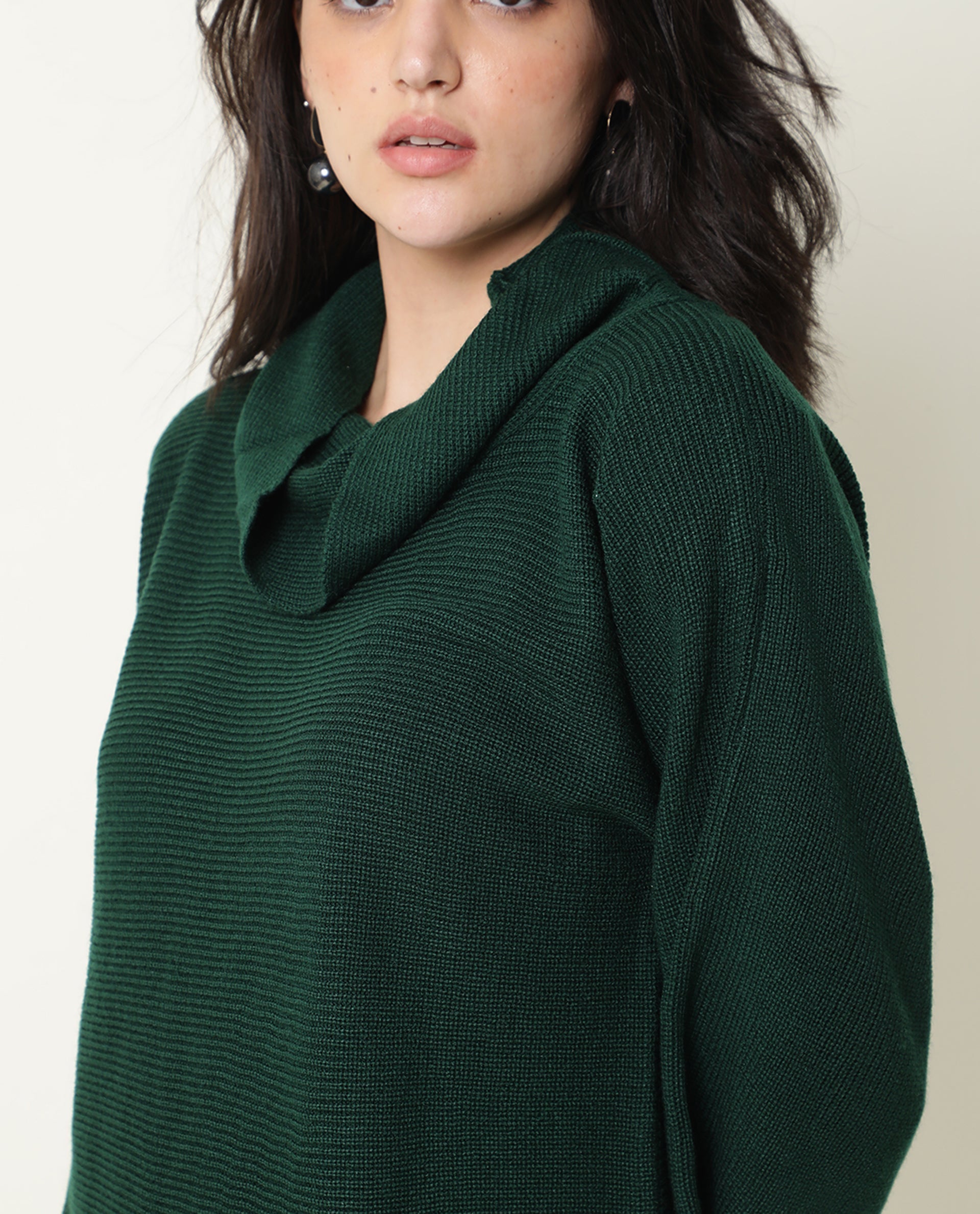 Rareism Women Sasho Green Acrylic Fabric 3/4Th Sleeves Relaxed Fit Solid Cowl Neck Sweater