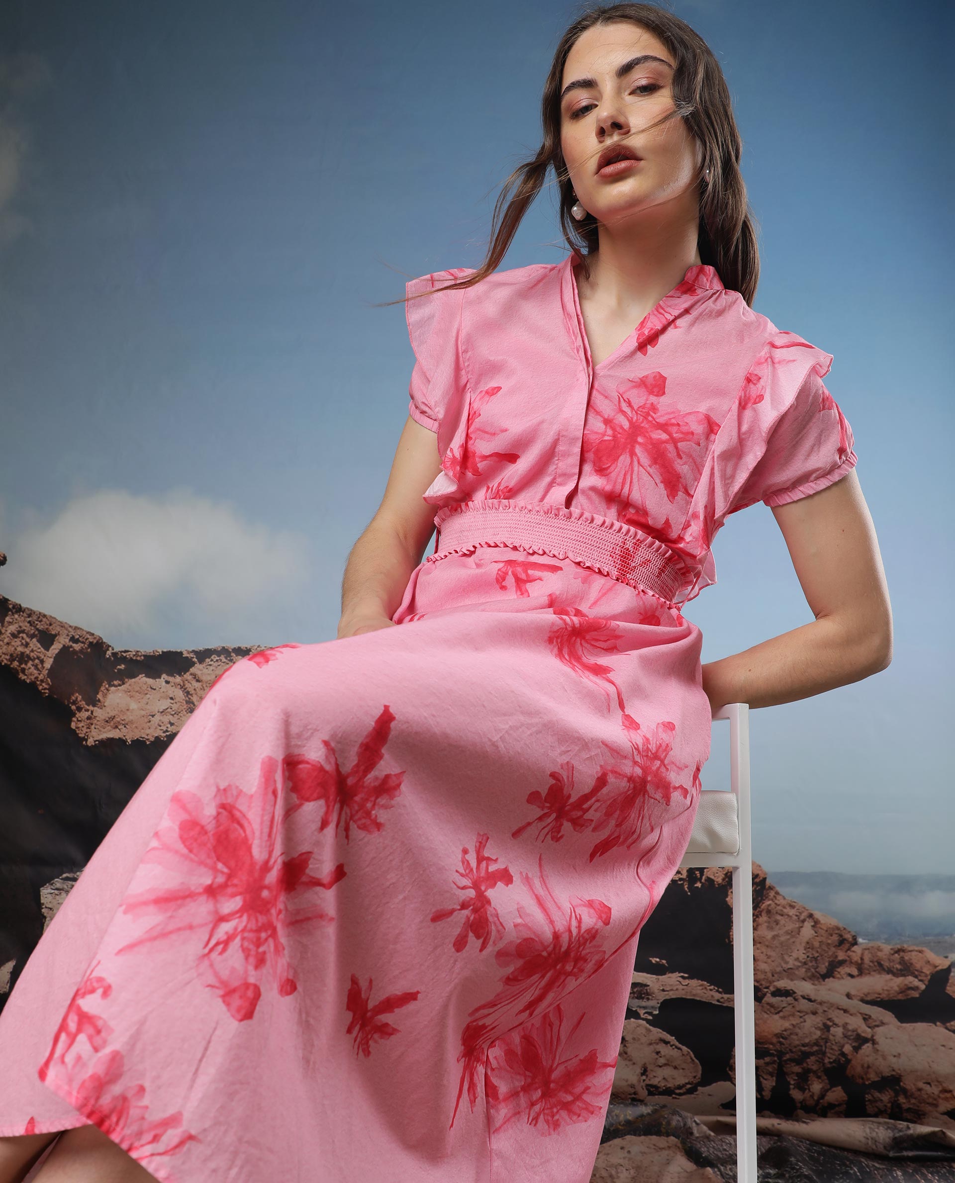 Rareism Women Octane Light Pink Cotton Fabric Short Sleeves Button Closure Mandarin Collar Extended Sleeve Regular Fit Abstract Print Knee Length Flared Dress