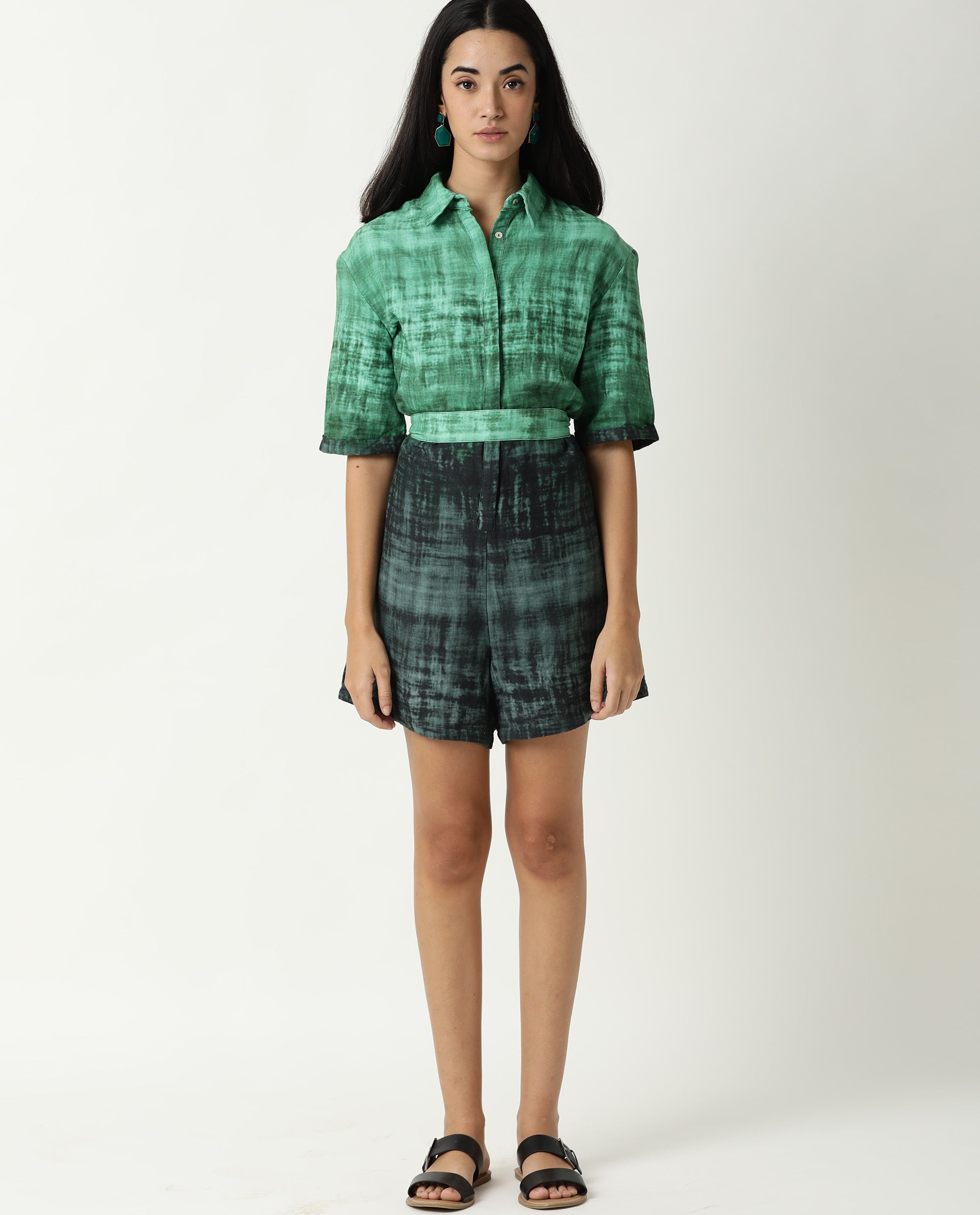 Rareism Womens Grizzle Green Top Cotton Fabric Regular Fit Half Sleeve Collared Neck