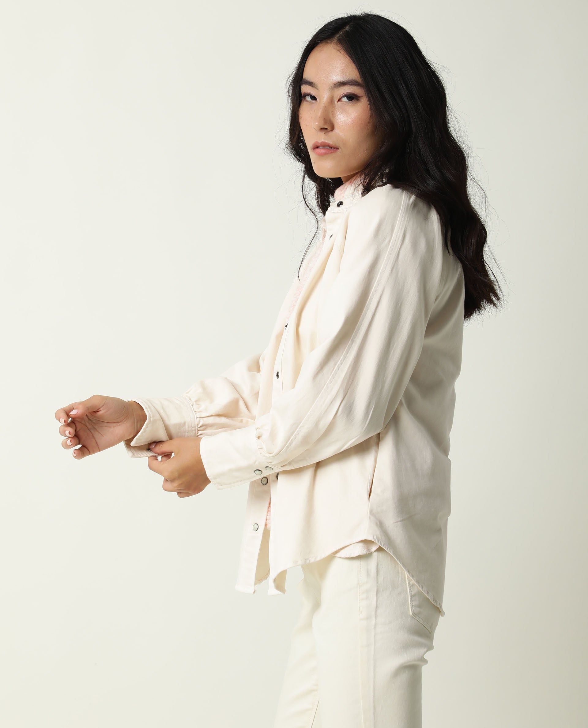 Rareism Women Bellona Off White Cotton Fabric Full Sleeves Solid Ruffled Neck Jacket