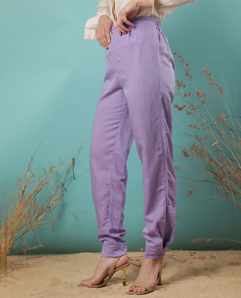 Rareism Women Erin Pastel Purple Modal Linen Fabric Tailored Fit Plain Ankle Length Trousers