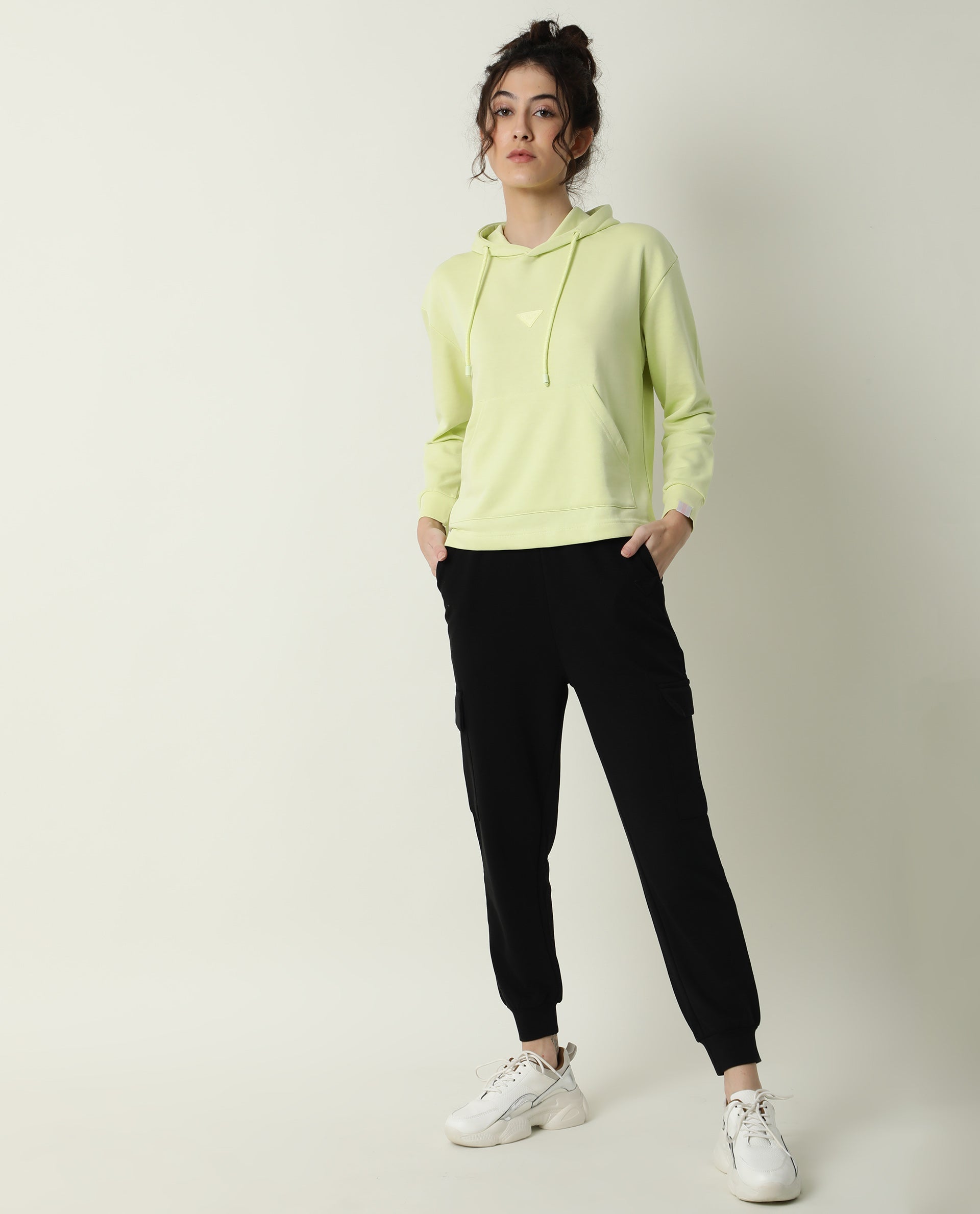 Rareism Women Nush-1 Black Cotton Poly Fabric Tailored Fit Solid Mid Rise Ankle Length Track Pant