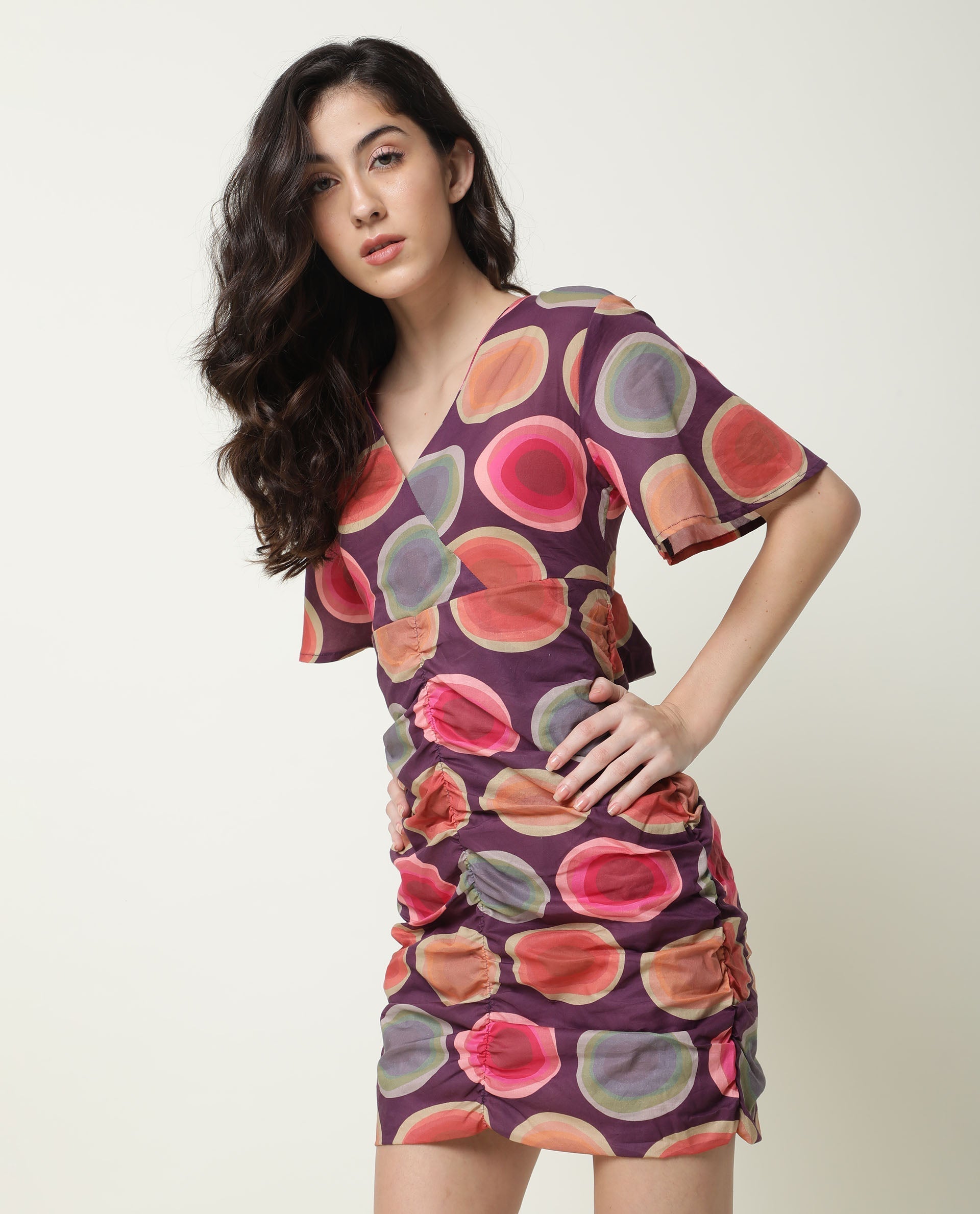 Rareism Women's Anjou Purple Cotton V-Neck Abstract Print Knee Length Regular Fit Dress