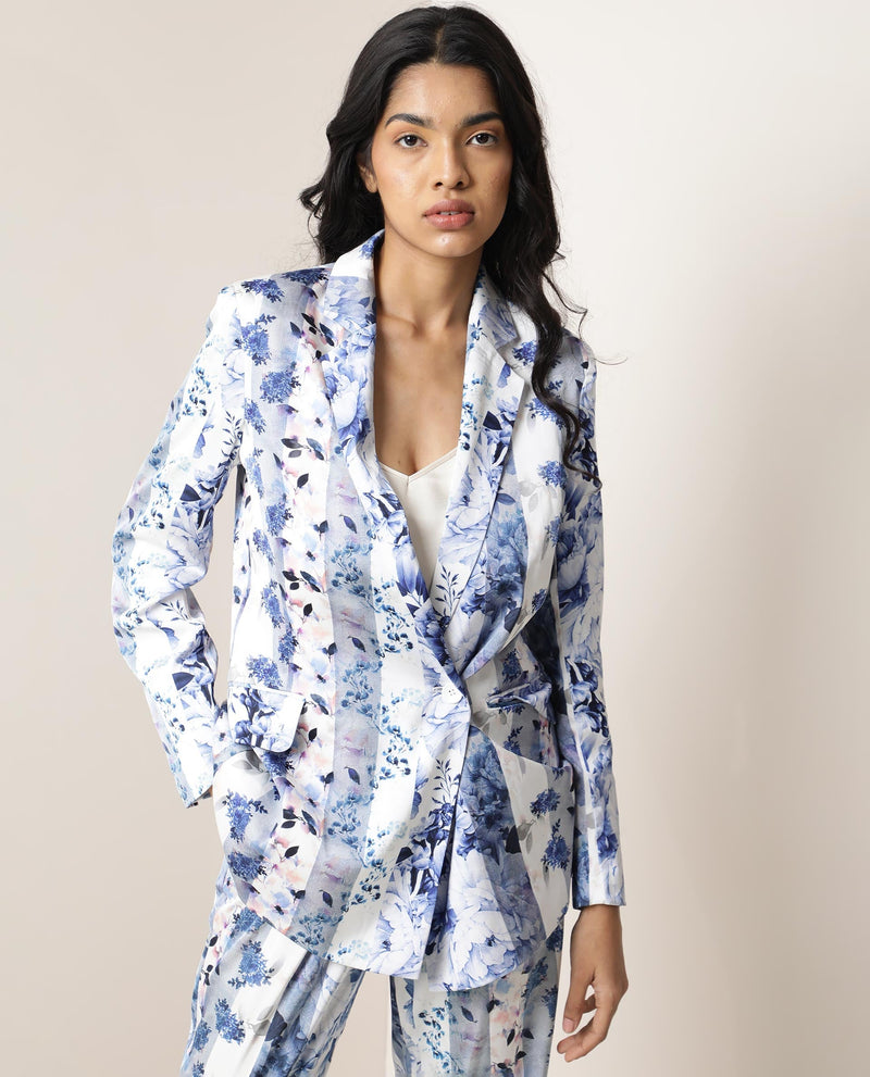 Rareism Women Shabella Light Blue Polyester Fabric Full Sleeves Button Closure Lapel Neck Tailored Fit Floral Print Blazer