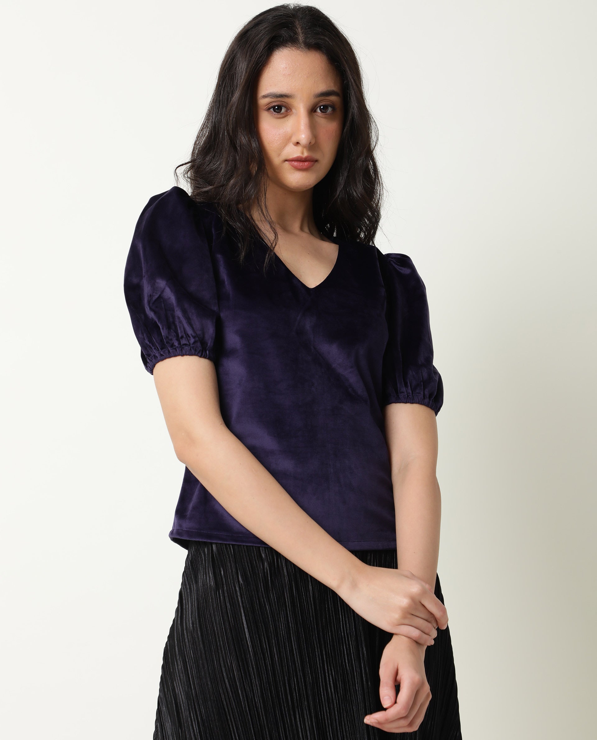 Rareism Womens Mun Navy Top Suede Fabric  Half Sleeve V Neck